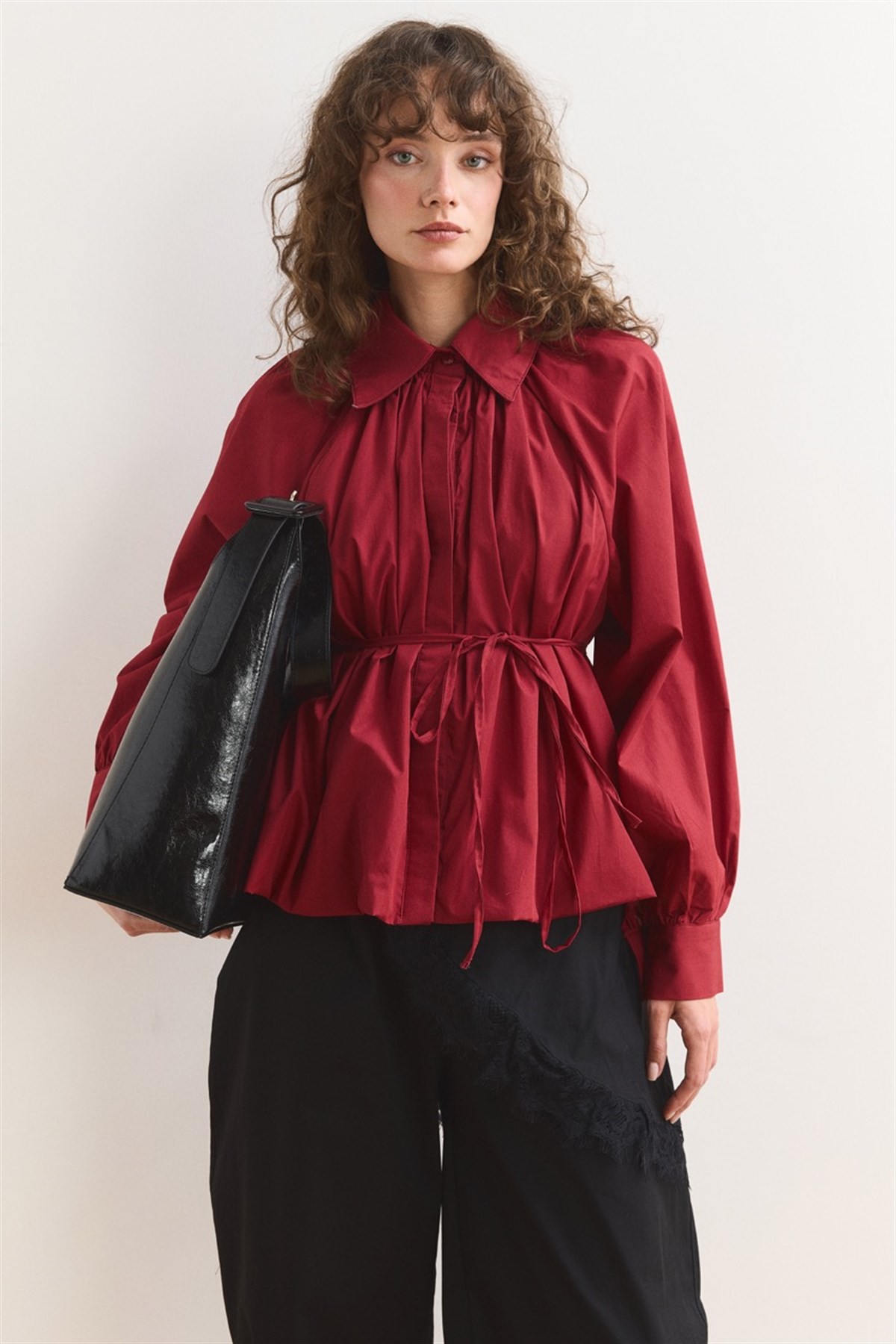 Pileli Balon Poplin Gömlek - Kırmızı