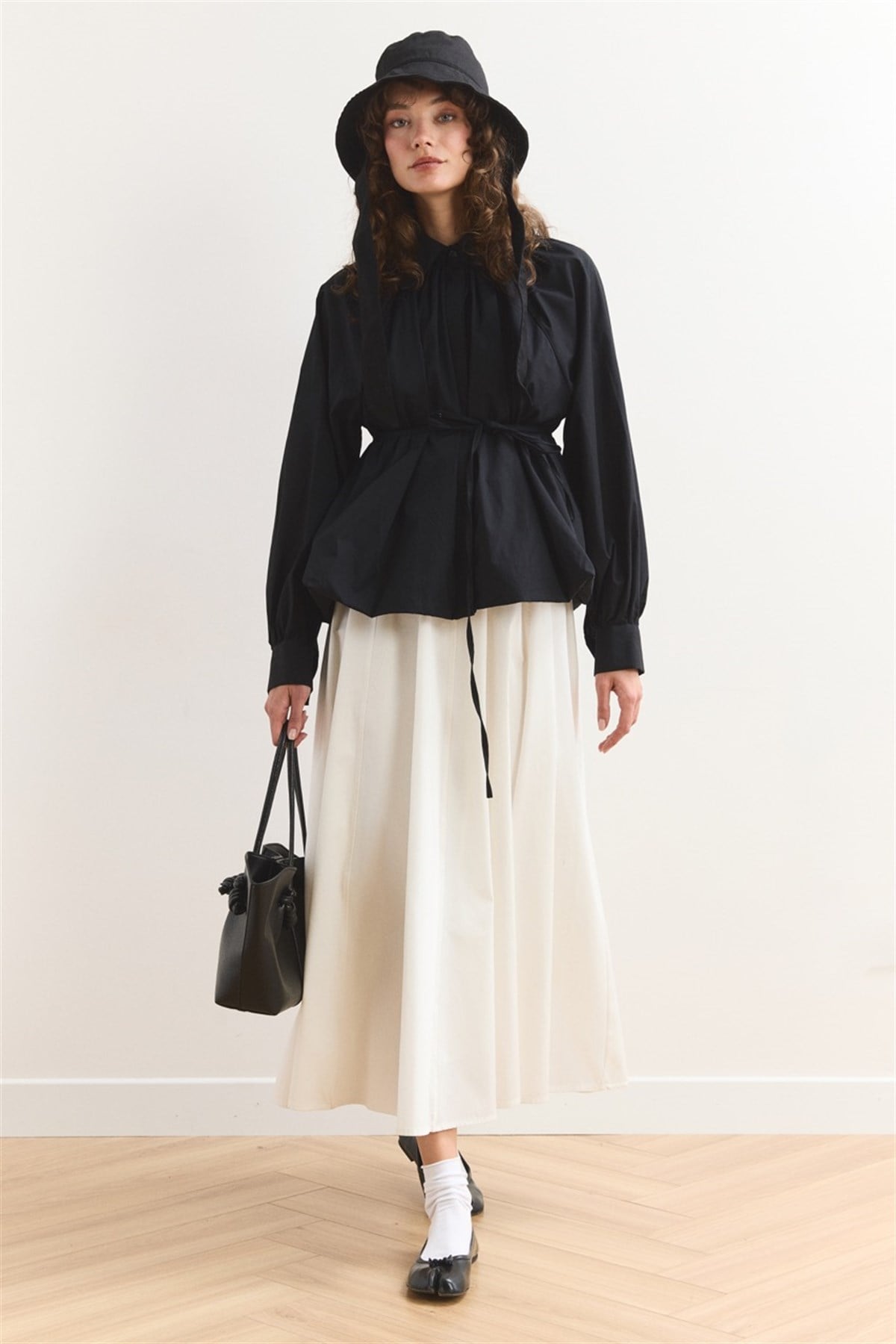 Pileli Balon Poplin Gömlek - Siyah