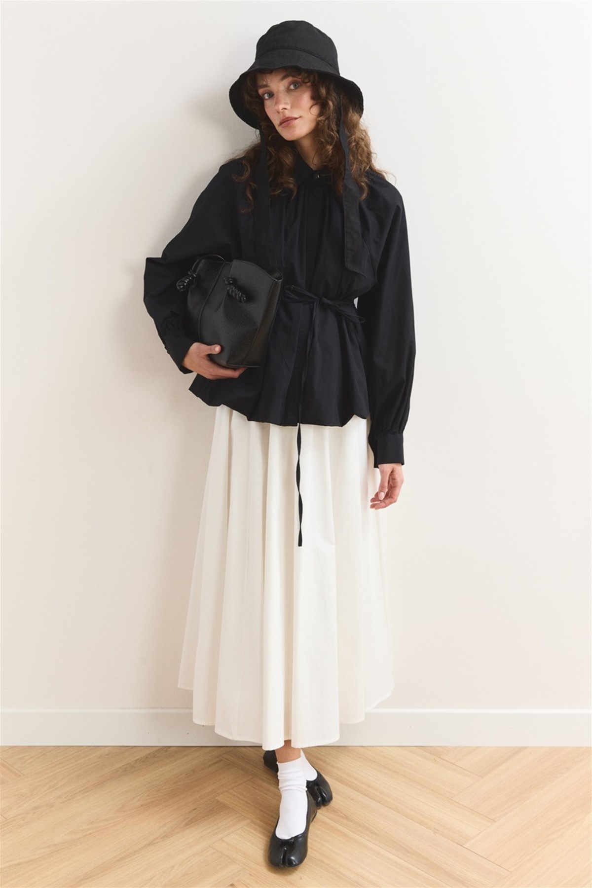 Pileli Balon Poplin Gömlek - Siyah