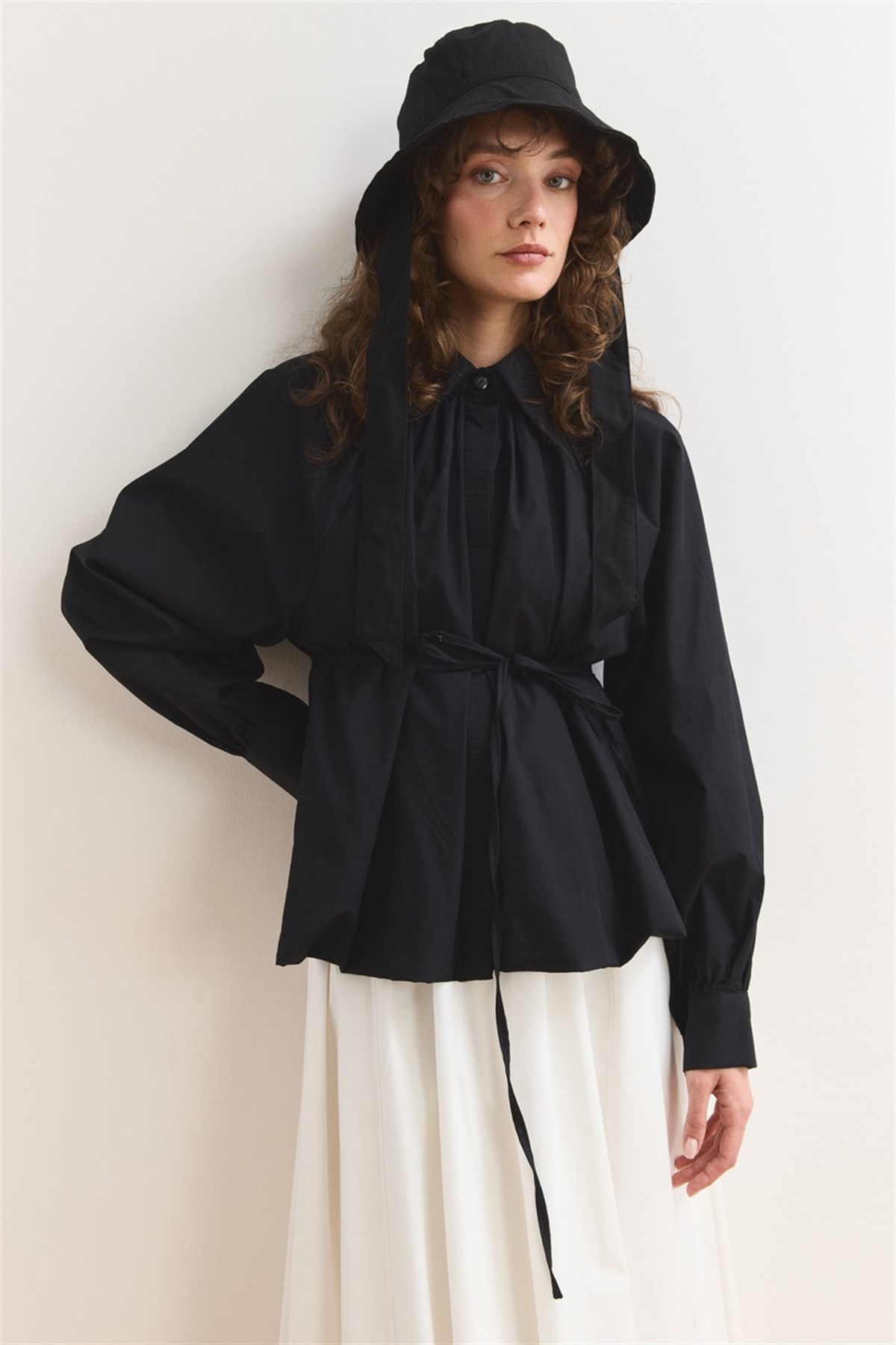 Pileli Balon Poplin Gömlek - Siyah