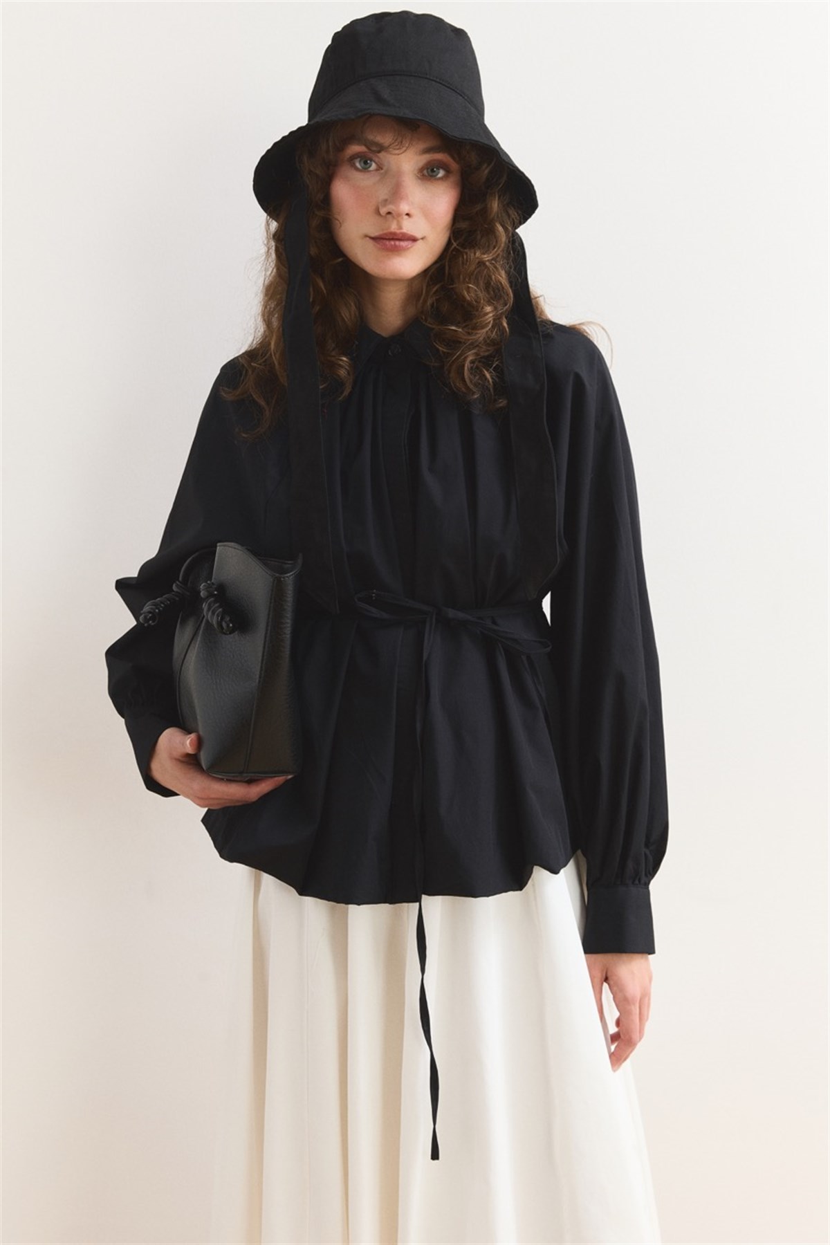 Pileli Balon Poplin Gömlek - Siyah