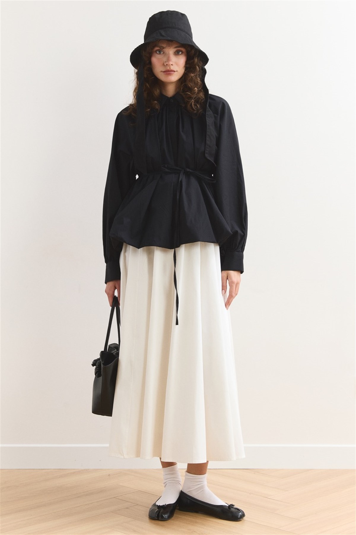 Pileli Balon Poplin Gömlek - Siyah