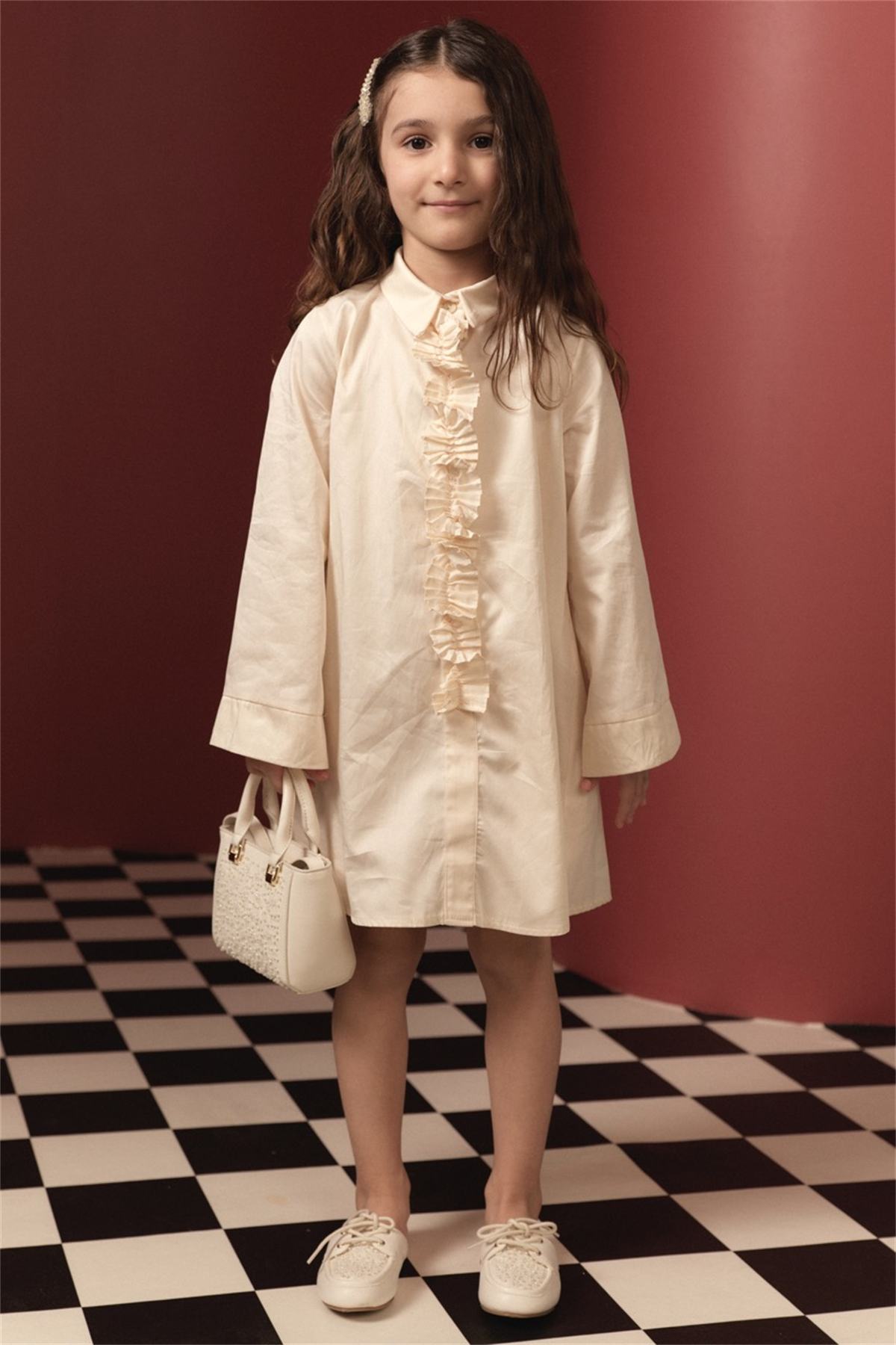 Pilise Detaylı Compact Saten Pamuklu Çocuk Elbise - Krem