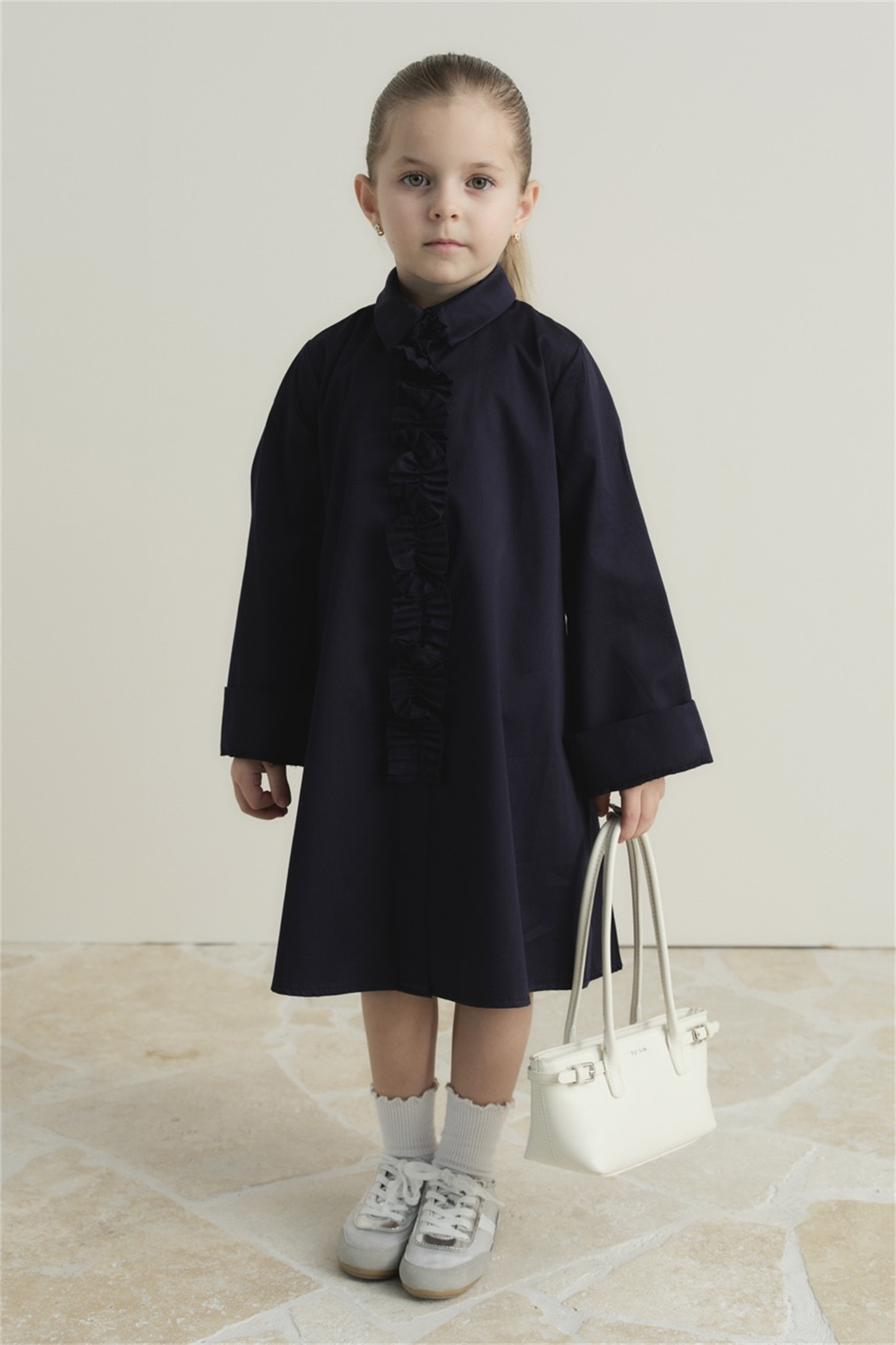 Pilise Detaylı Compact Saten Pamuklu Çocuk Elbise - Lacivert