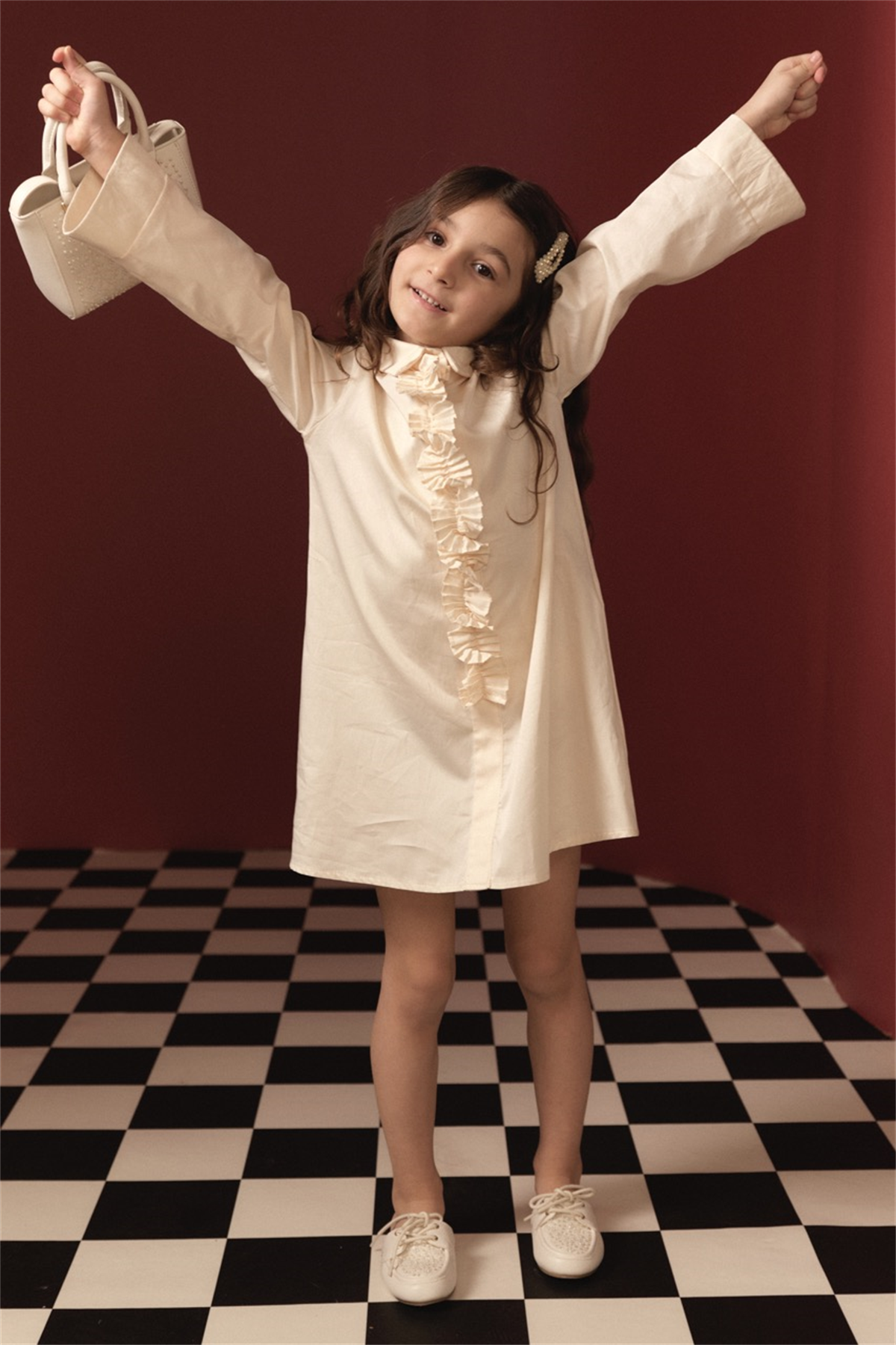 Pilise Detaylı Compact Saten Pamuklu Çocuk Elbise - Krem