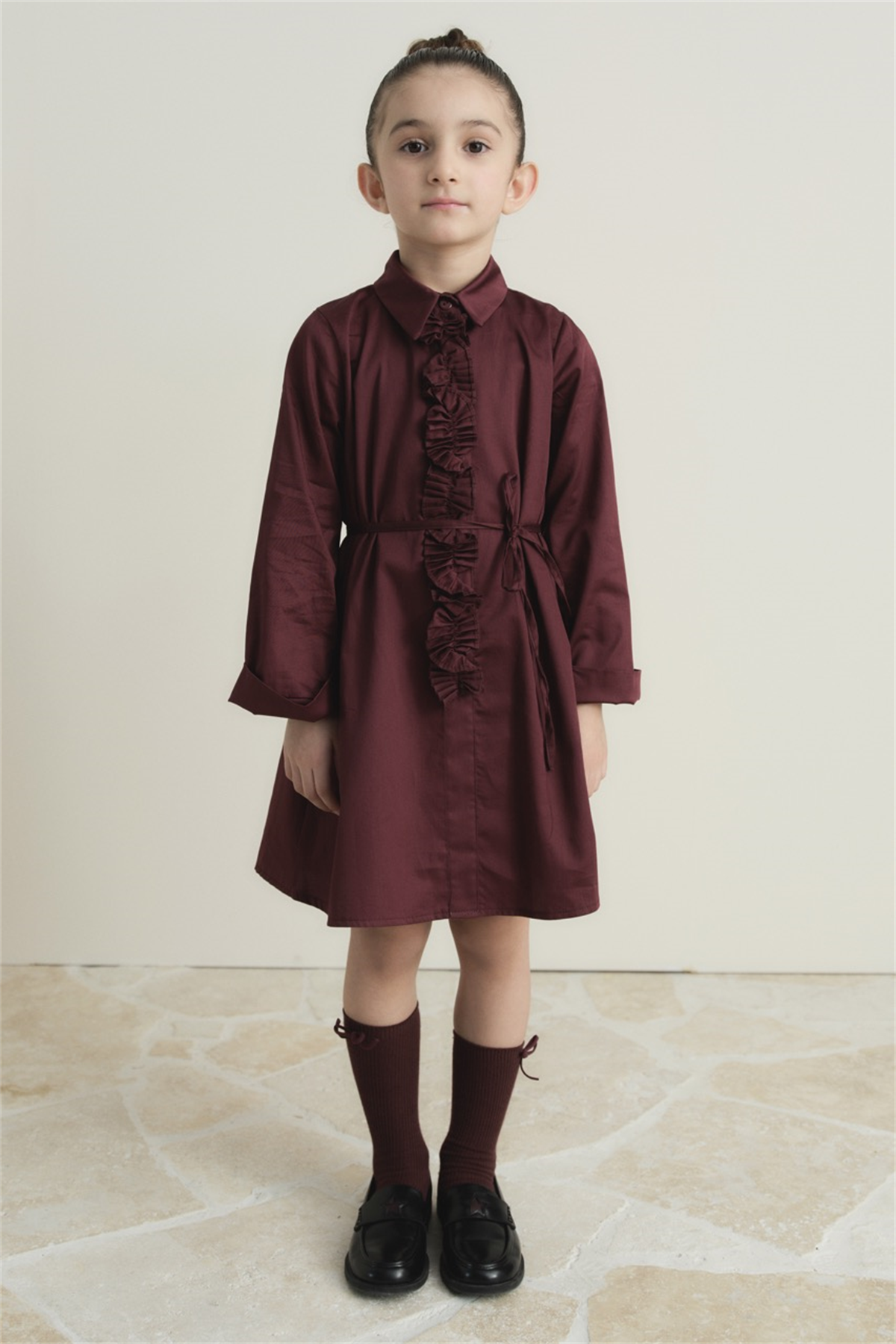 Pilise Detaylı Compact Saten Pamuklu Çocuk Elbise - Bordo