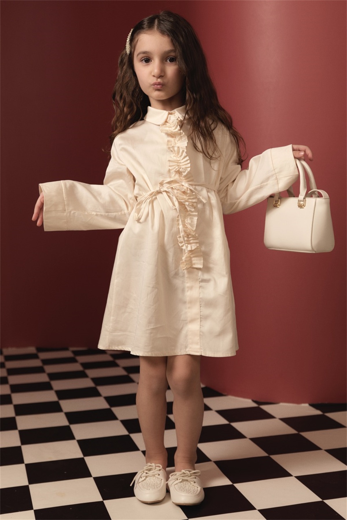 Pilise Detaylı Compact Saten Pamuklu Çocuk Elbise - Krem