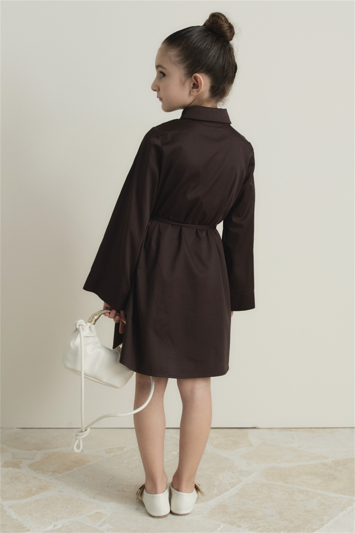 Pilise Detaylı Compact Saten Pamuklu Çocuk Elbise - Kahve