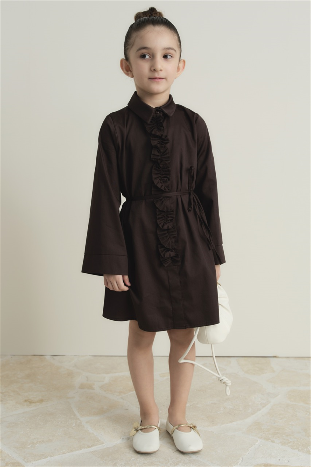 Pilise Detaylı Compact Saten Pamuklu Çocuk Elbise - Kahve