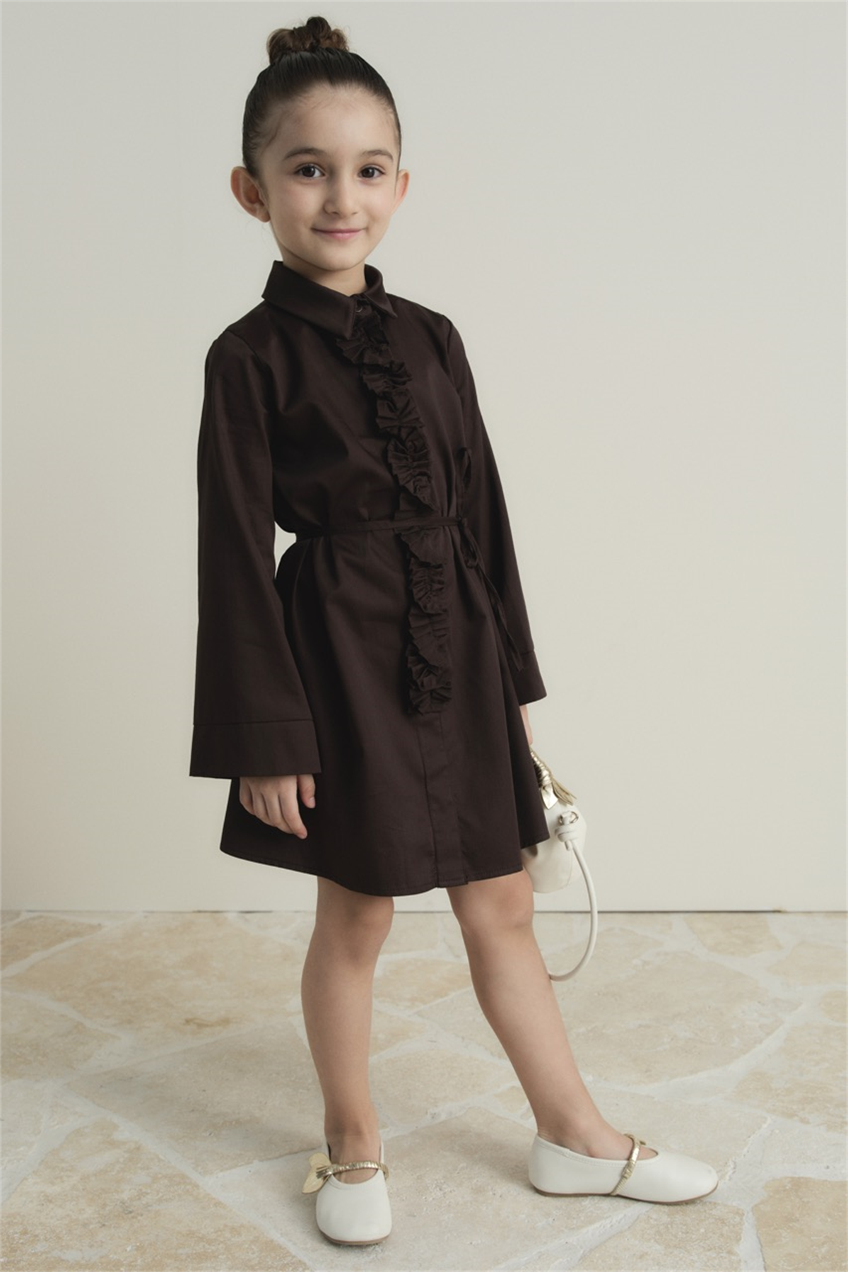 Pilise Detaylı Compact Saten Pamuklu Çocuk Elbise - Kahve