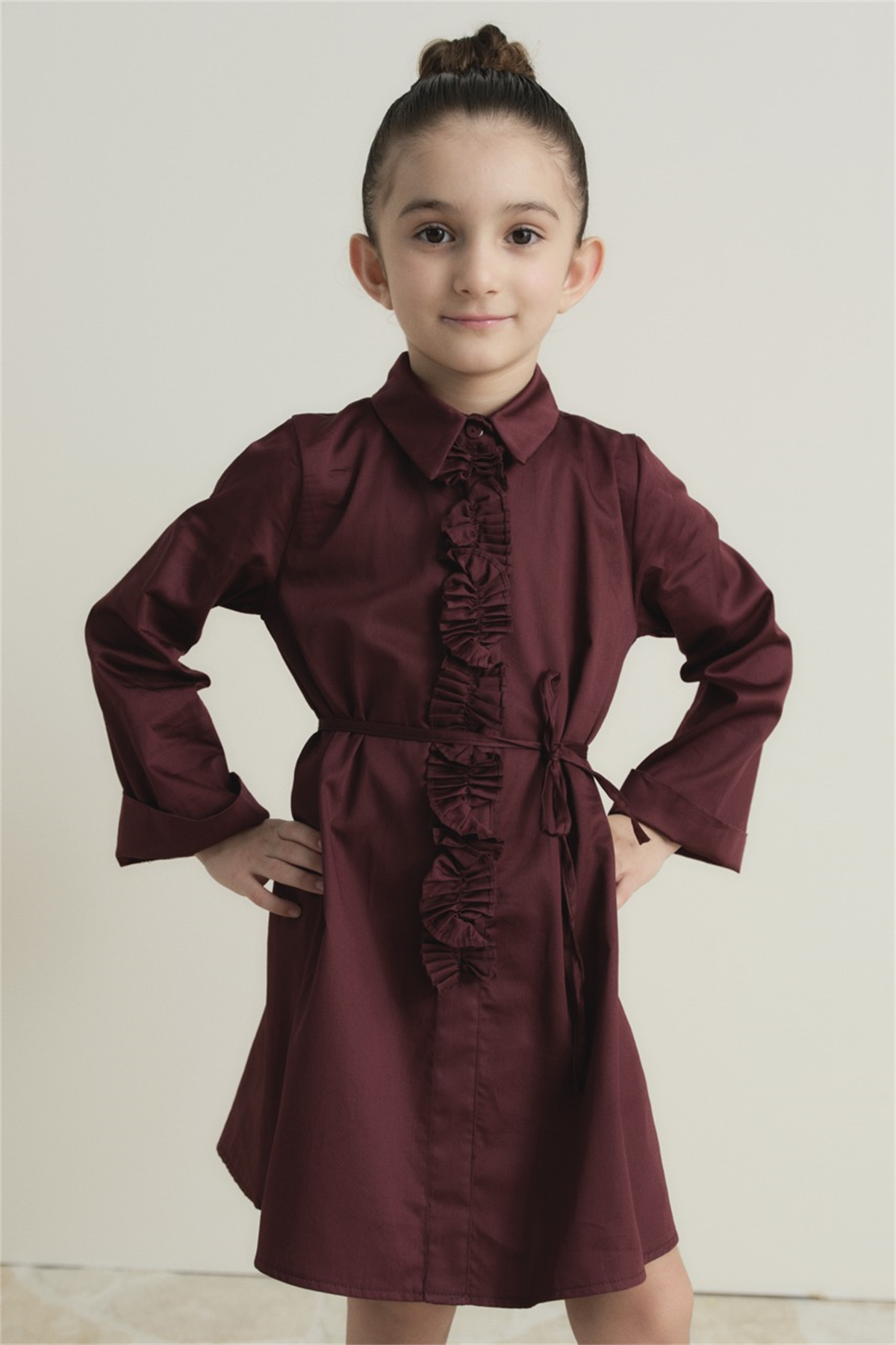 Pilise Detaylı Compact Saten Pamuklu Çocuk Elbise - Bordo