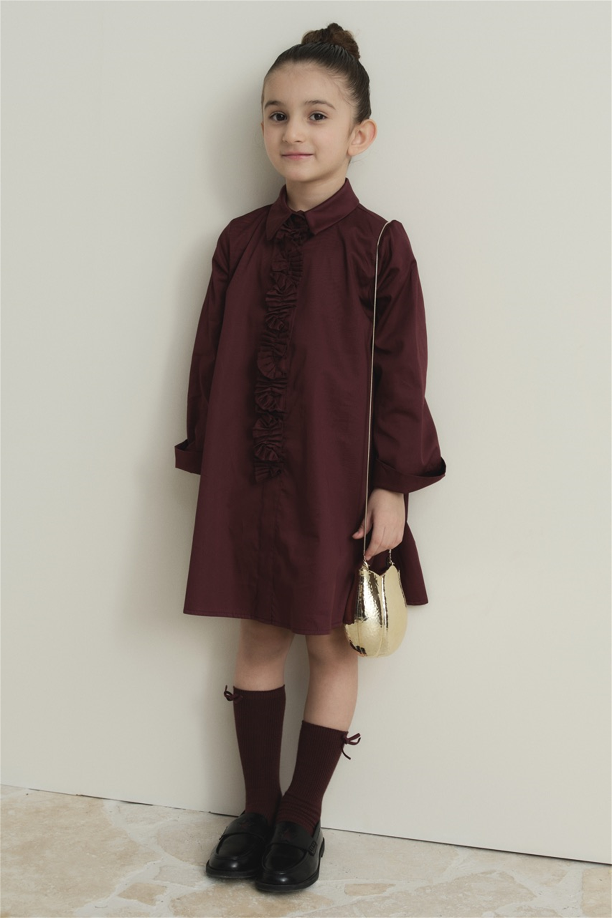 Pilise Detaylı Compact Saten Pamuklu Çocuk Elbise - Bordo