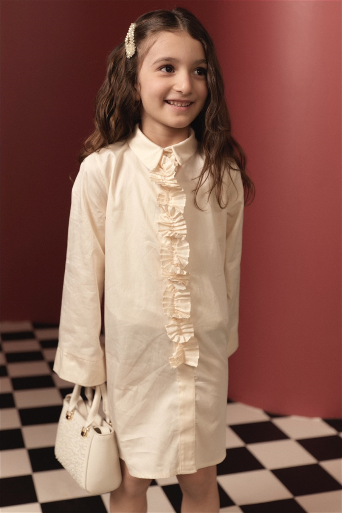 Pilise Detaylı Compact Saten Pamuklu Çocuk Elbise - Krem