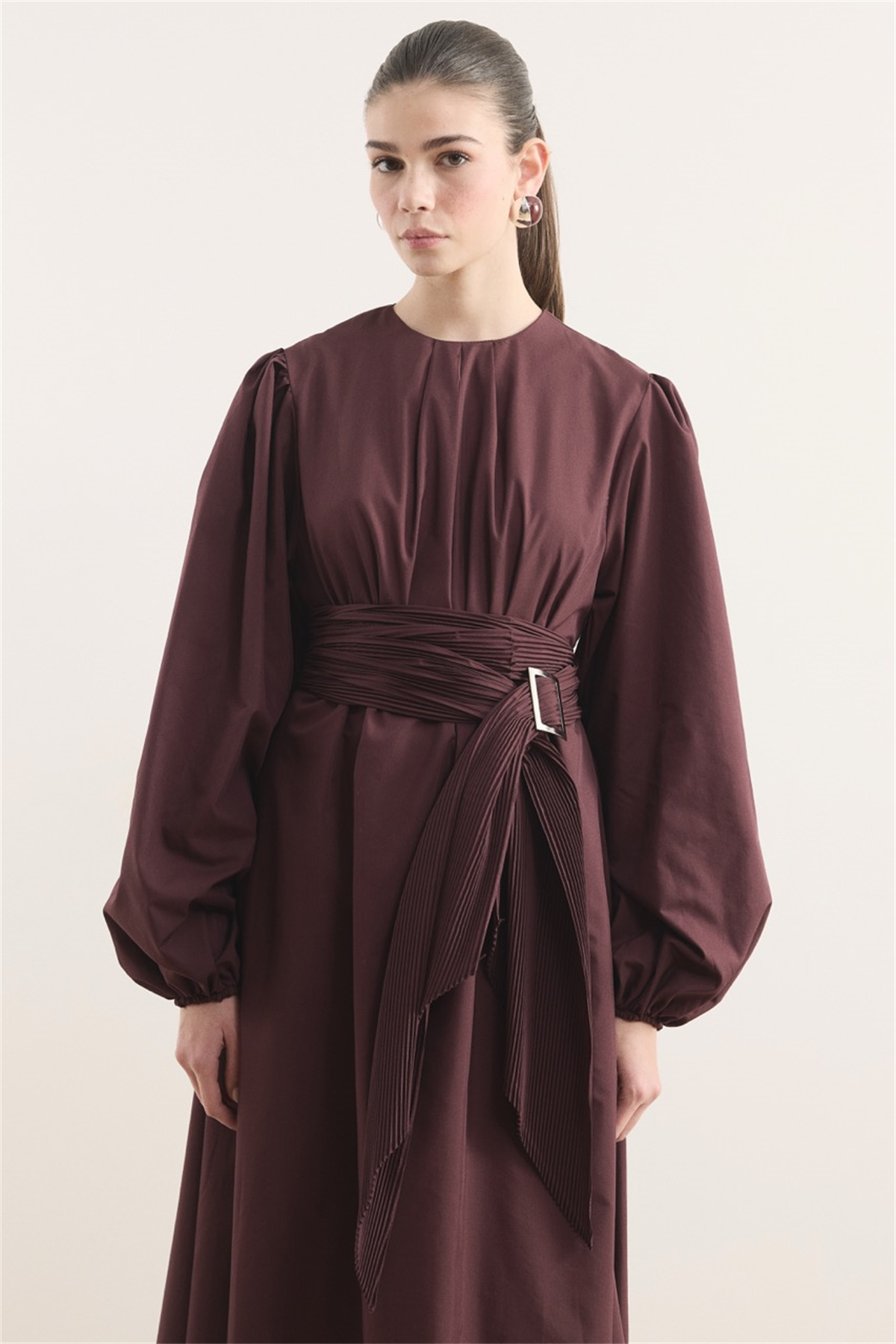 Pilise Kemerli Dacron Elbise - Bordo