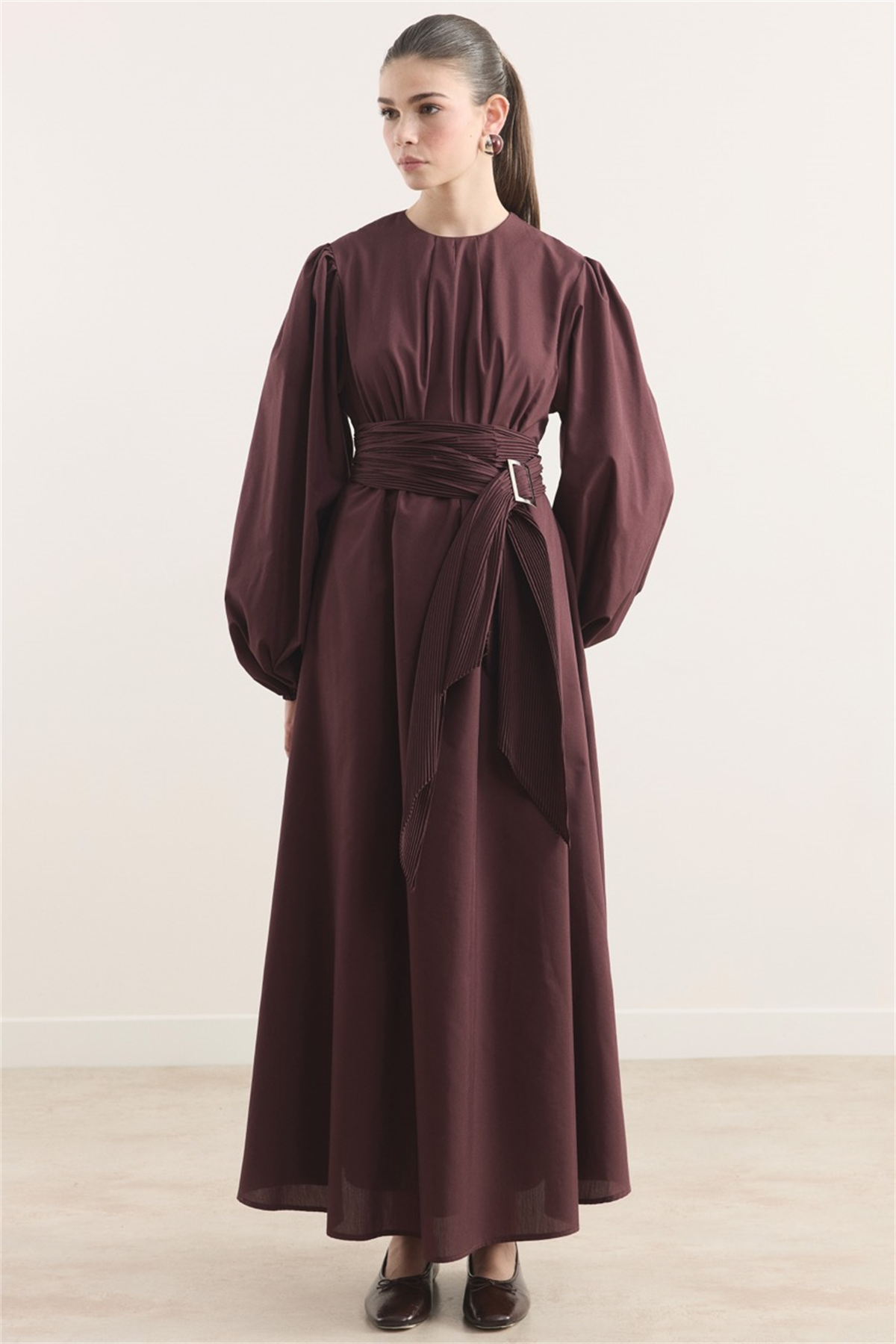 Pilise Kemerli Dacron Elbise - Bordo