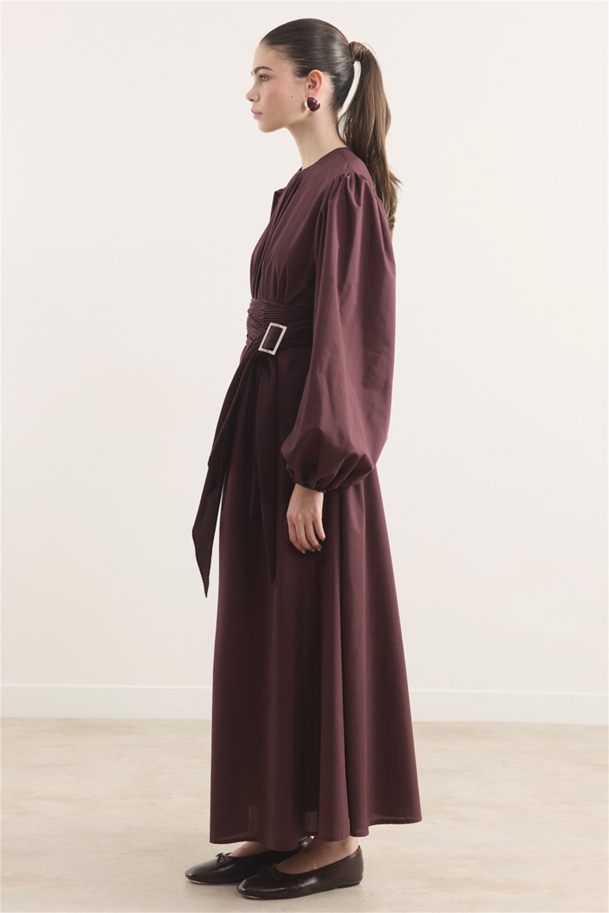 Pilise Kemerli Dacron Elbise - Bordo