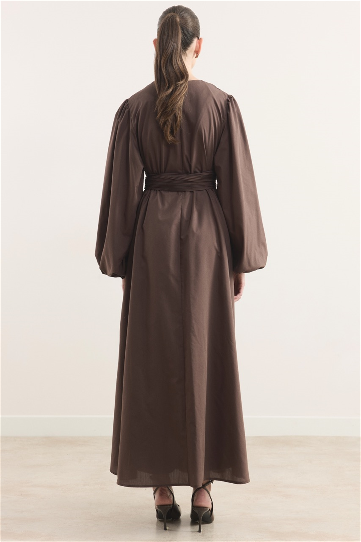 Pilise Kemerli Dacron Elbise - Kahve