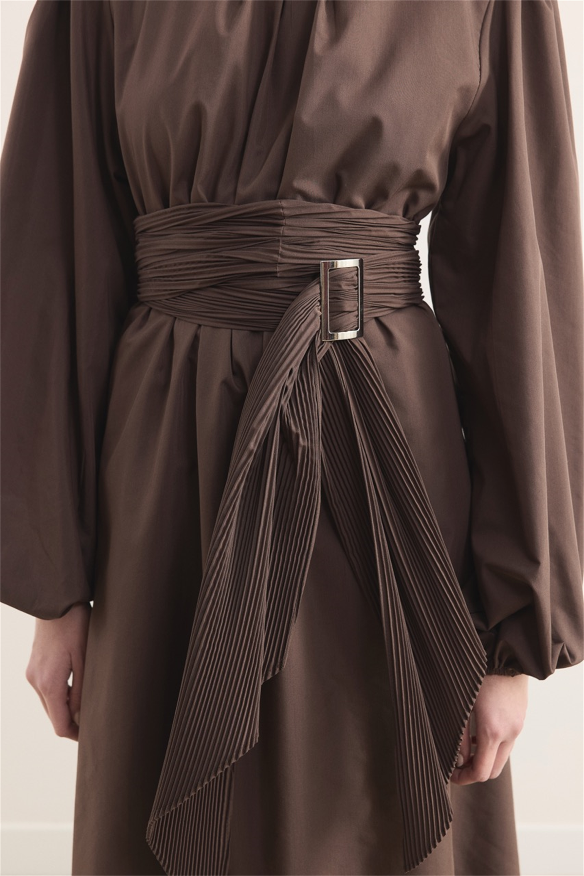 Pilise Kemerli Dacron Elbise - Kahve