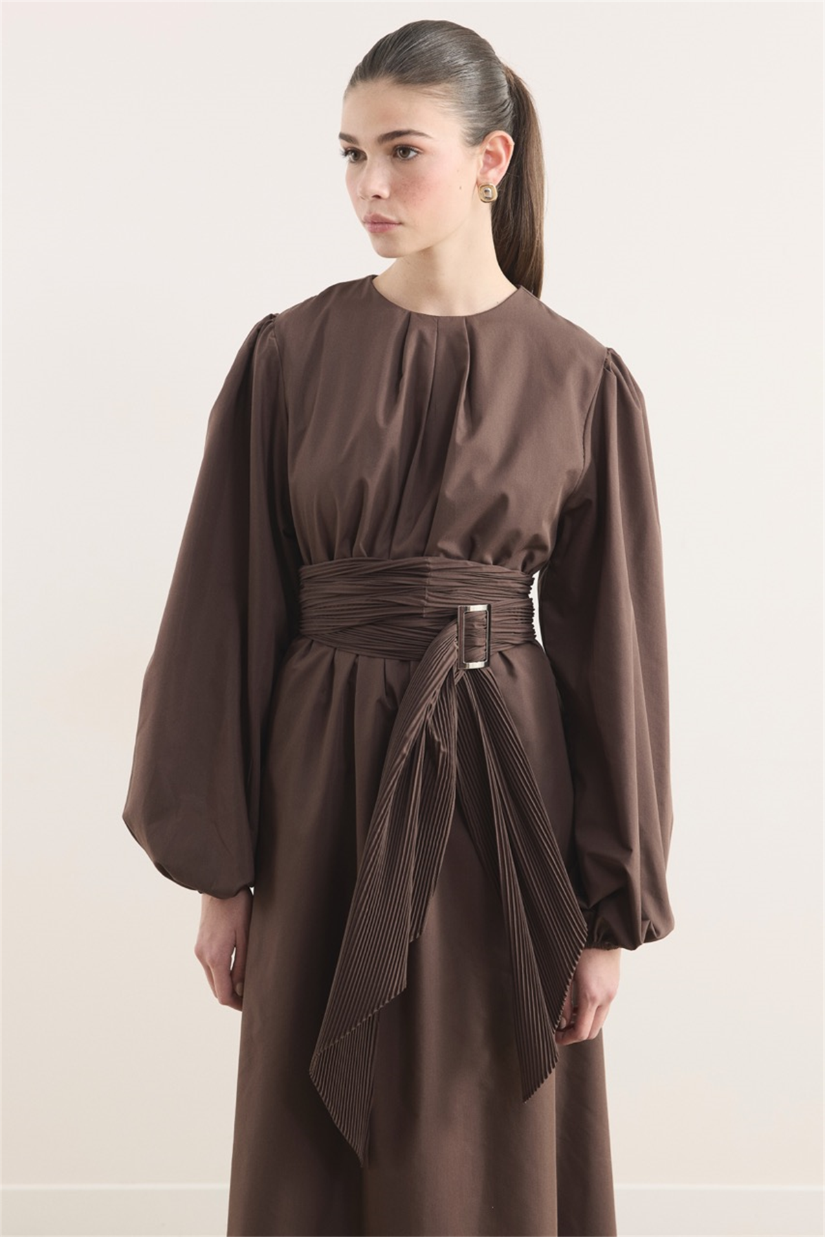 Pilise Kemerli Dacron Elbise - Kahve