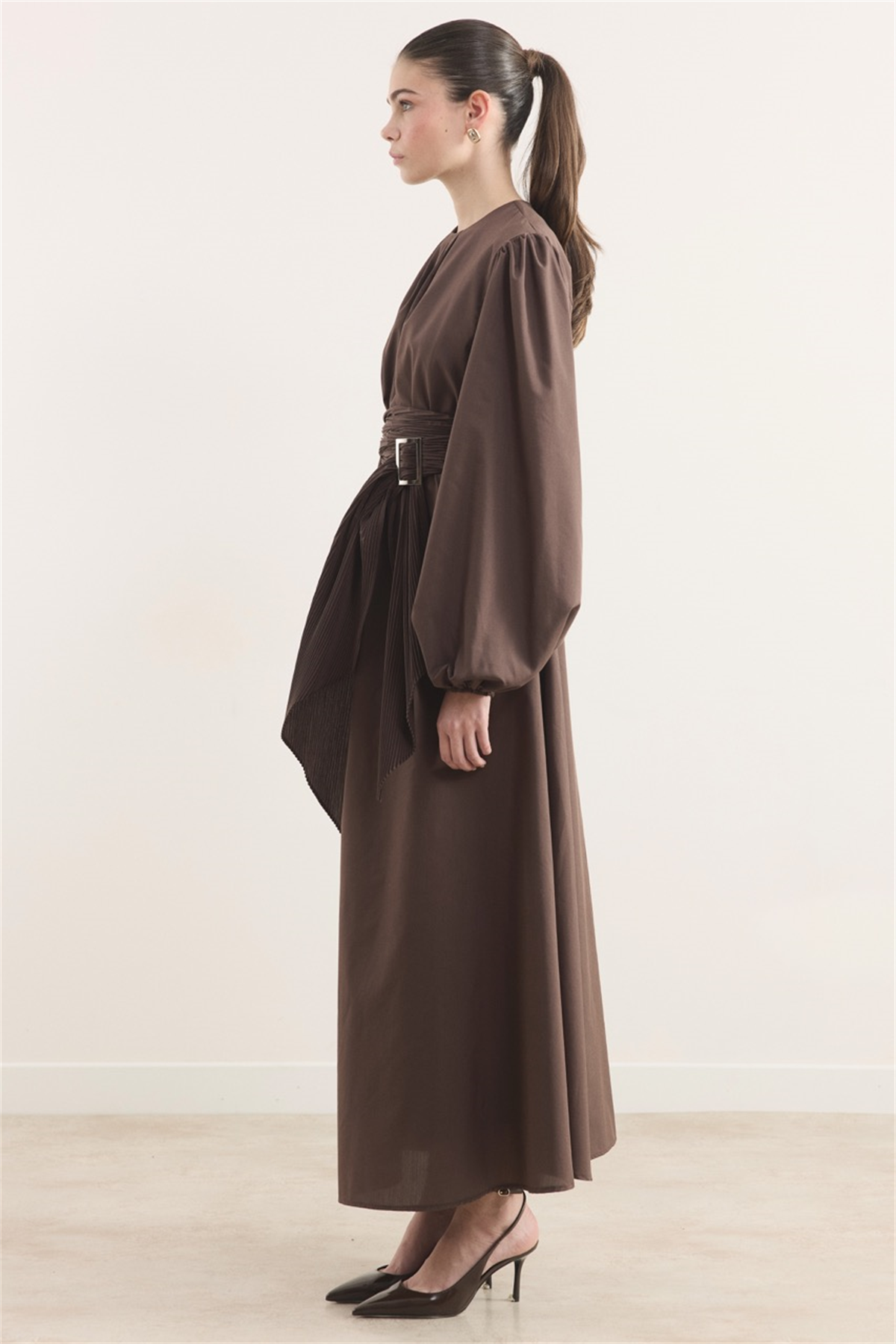Pilise Kemerli Dacron Elbise - Kahve