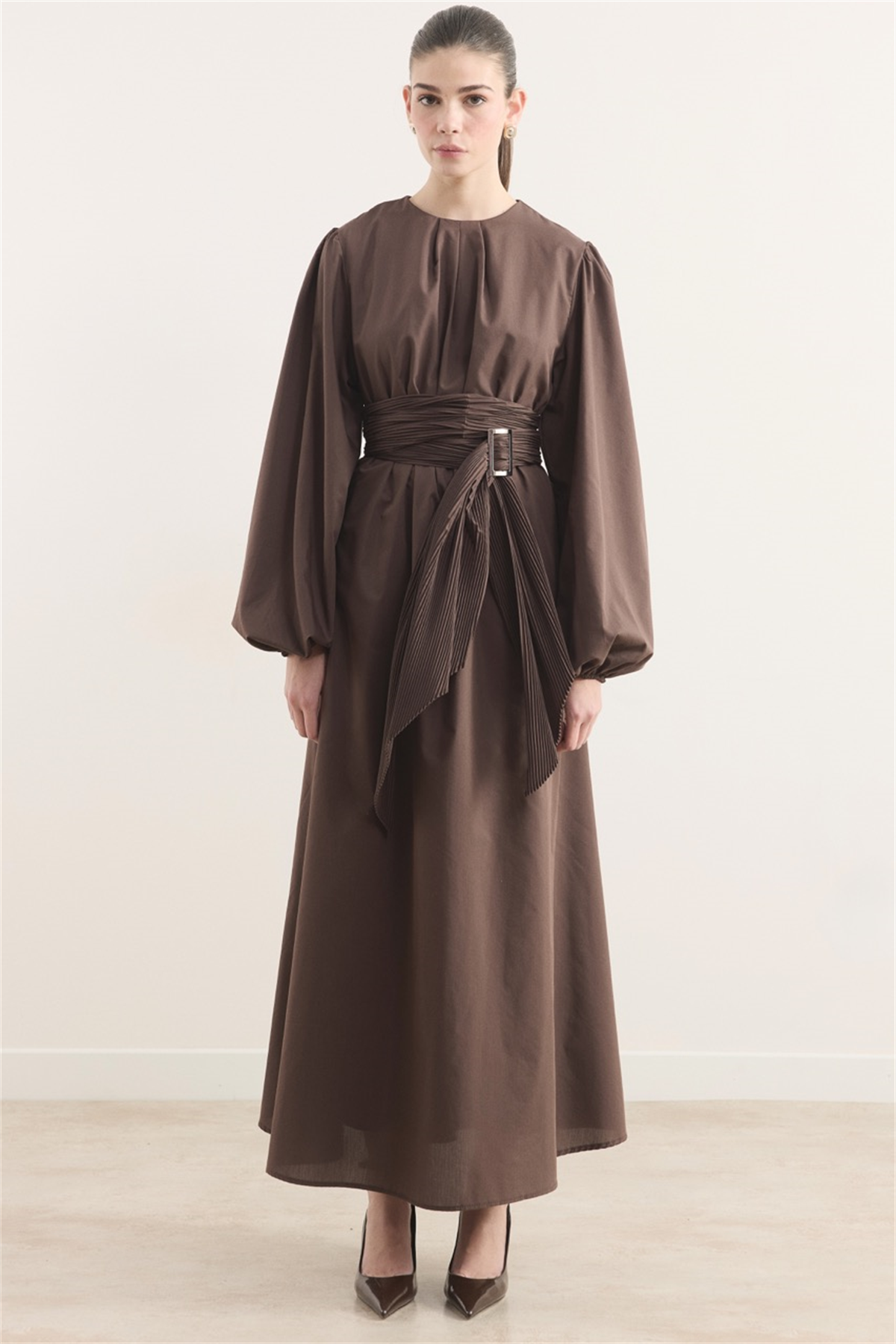 Pilise Kemerli Dacron Elbise - Kahve