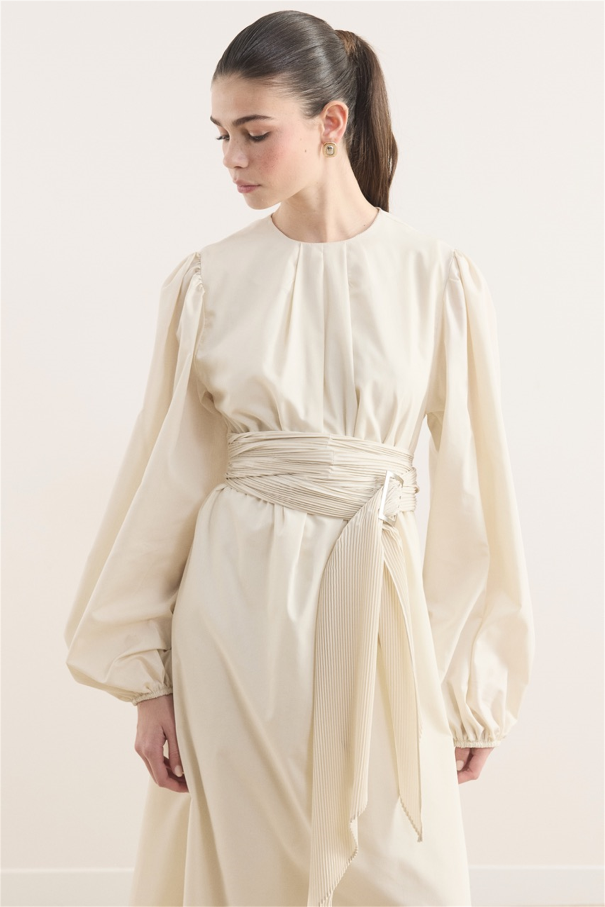 Pilise Kemerli Dacron Elbise - Krem
