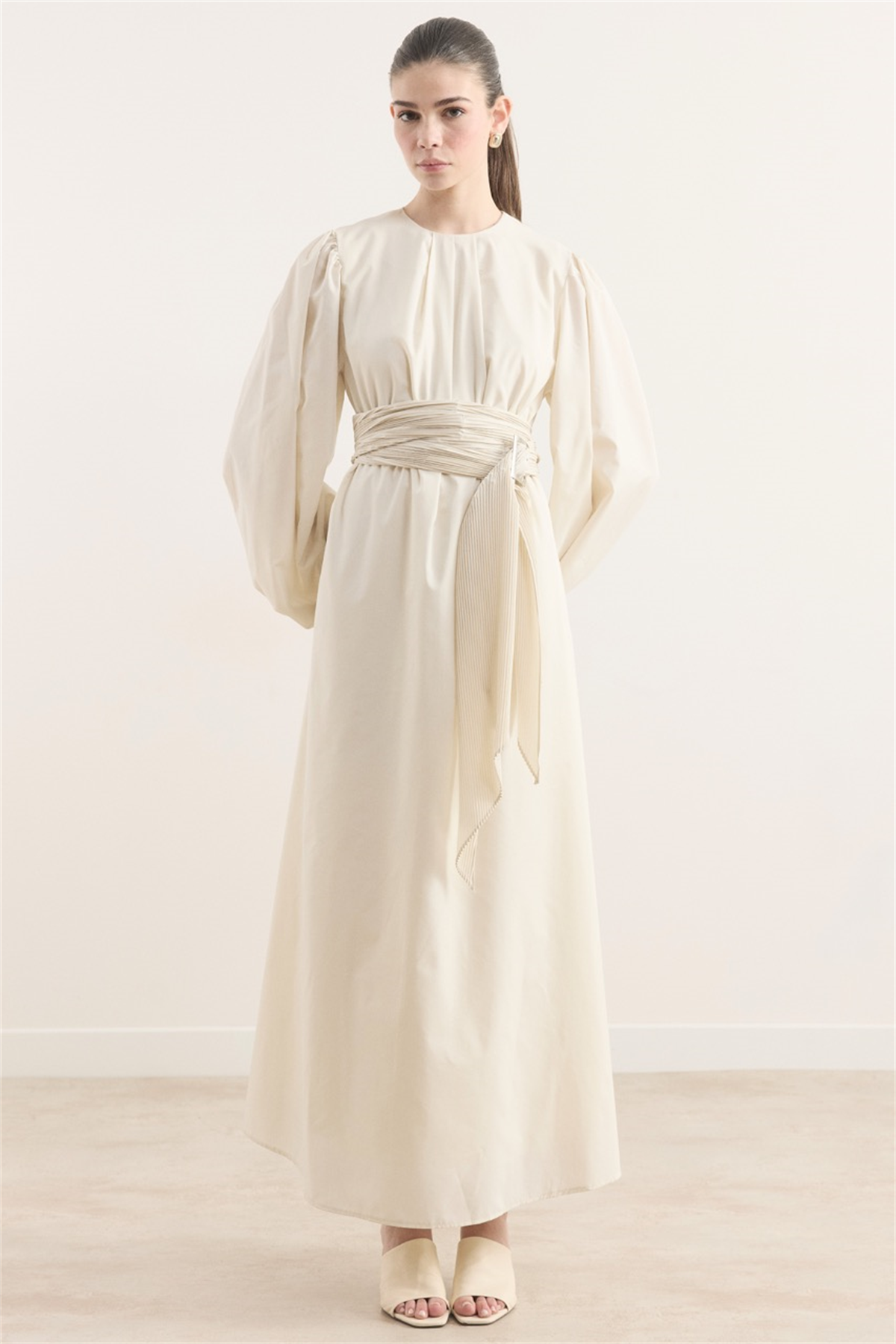 Pilise Kemerli Dacron Elbise - Krem