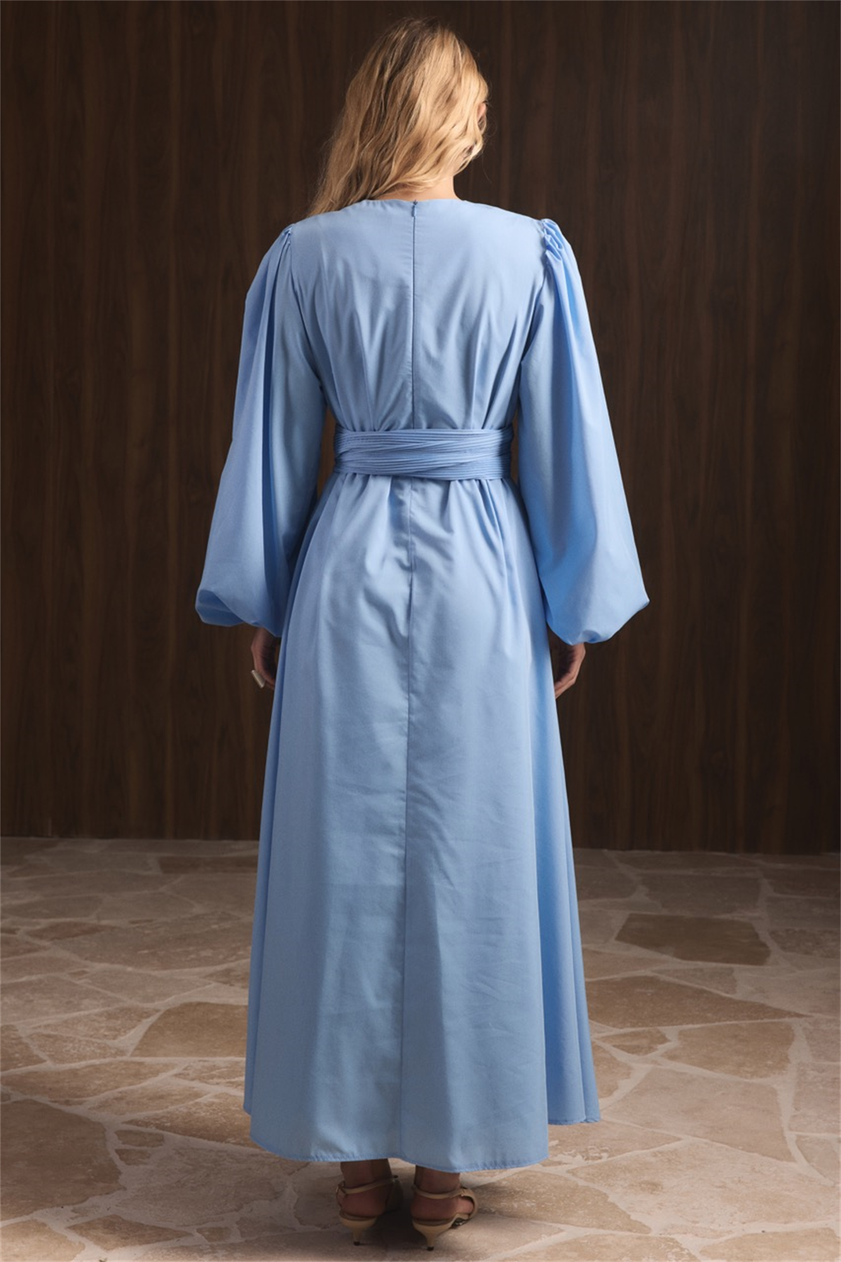 Pilise Kemerli Dacron Elbise - Mavi