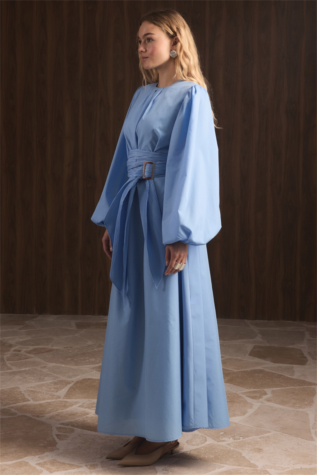 Pilise Kemerli Dacron Elbise - Mavi