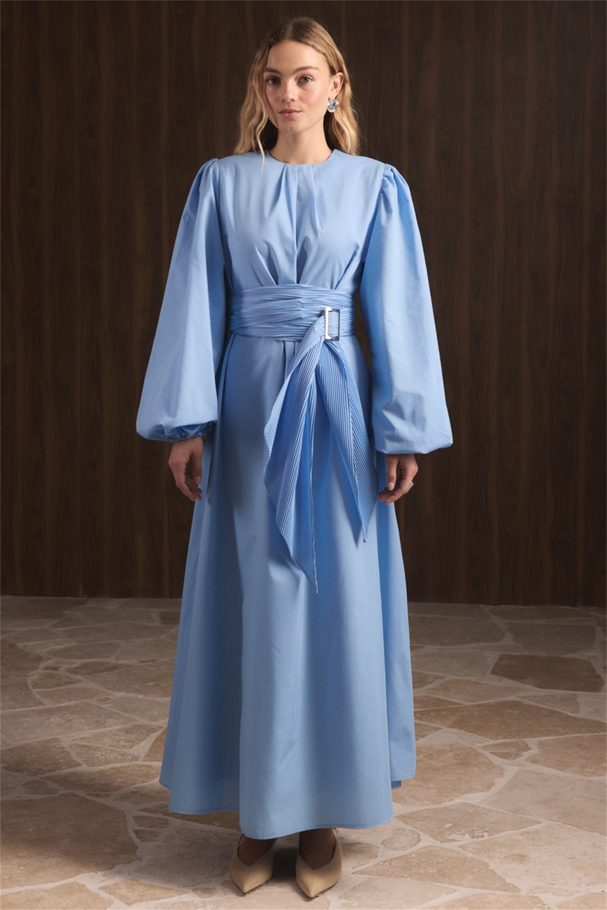 Pilise Kemerli Dacron Elbise - Mavi