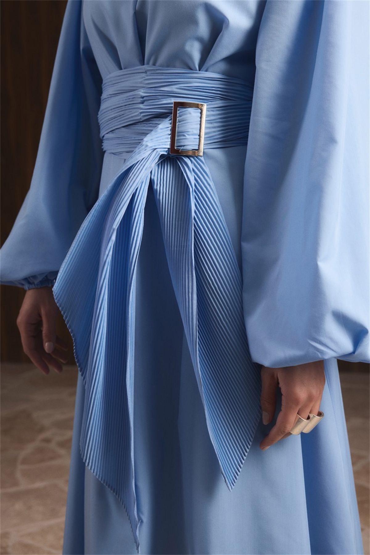 Pilise Kemerli Dacron Elbise - Mavi