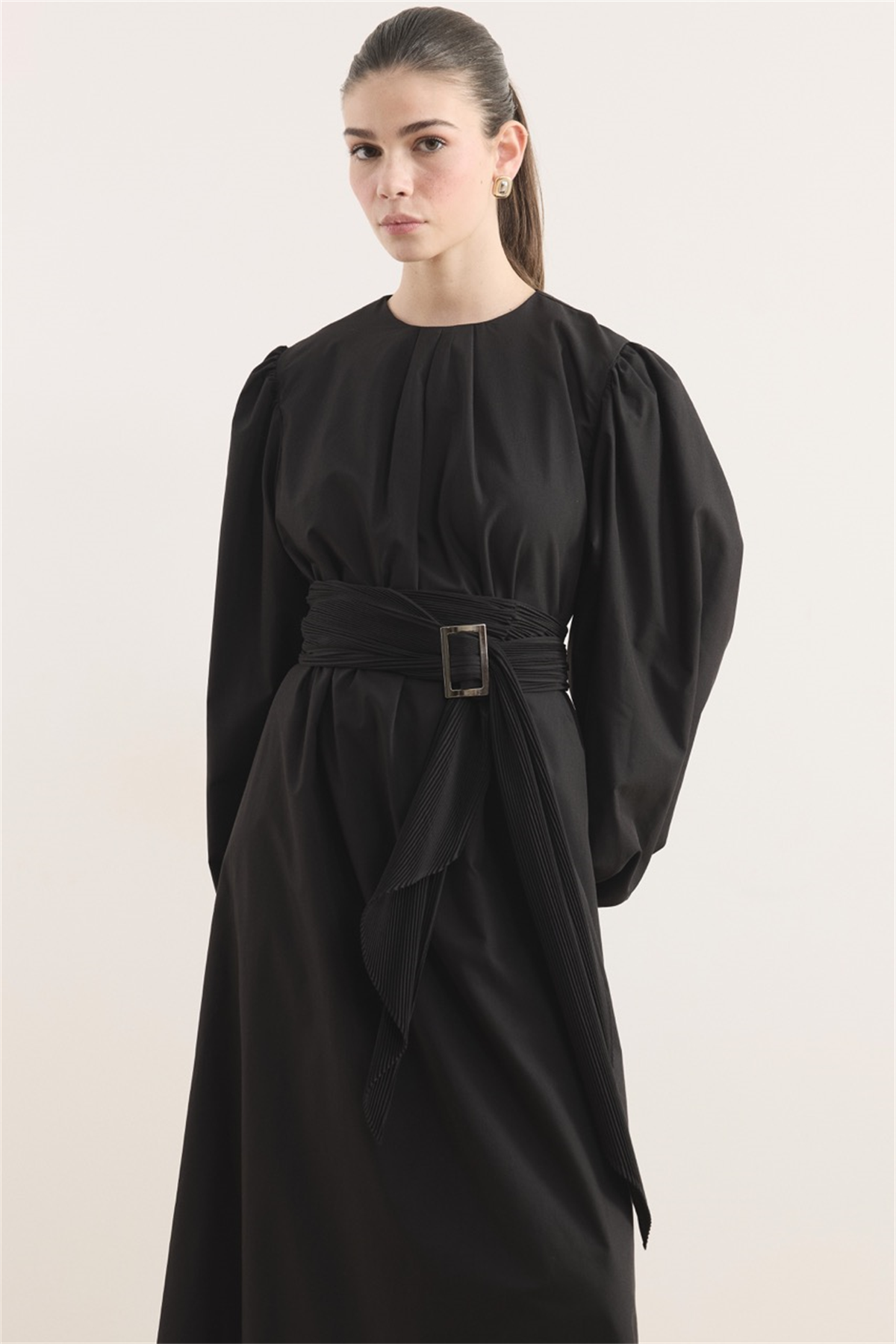 Pilise Kemerli Dacron Elbise - Siyah