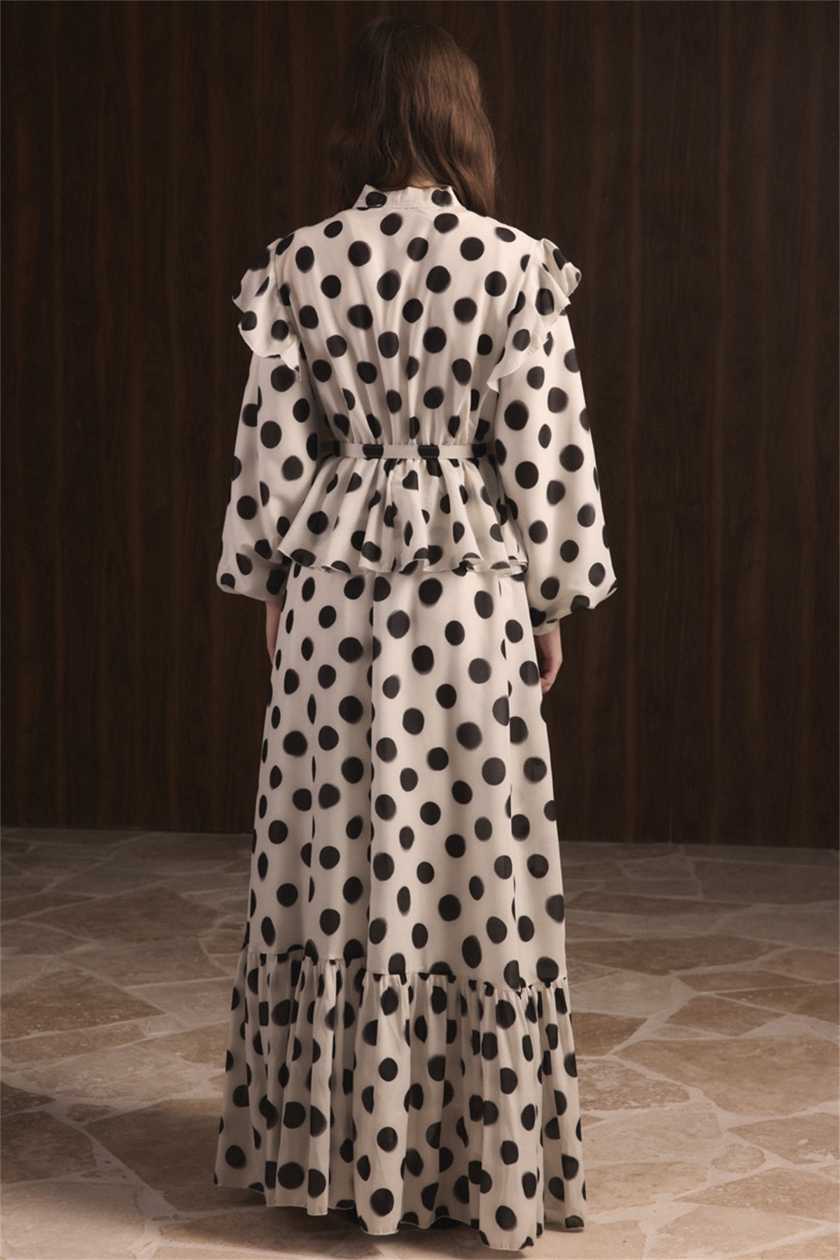 Puantiyeli Etek Fırfırlı Elbise - Bej