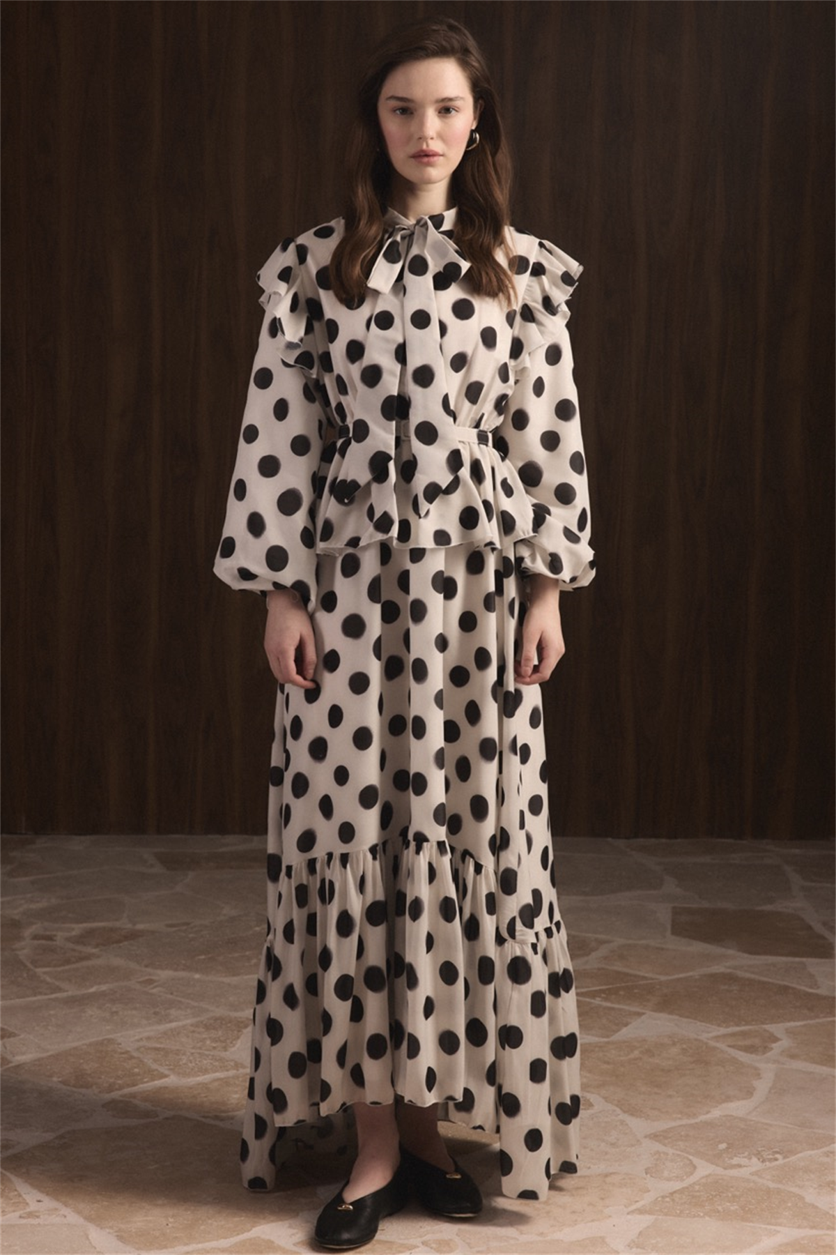 Puantiyeli Etek Fırfırlı Elbise - Bej