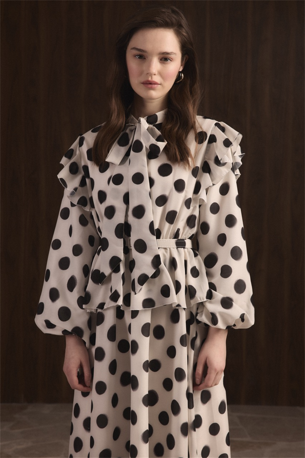 Puantiyeli Etek Fırfırlı Elbise - Bej