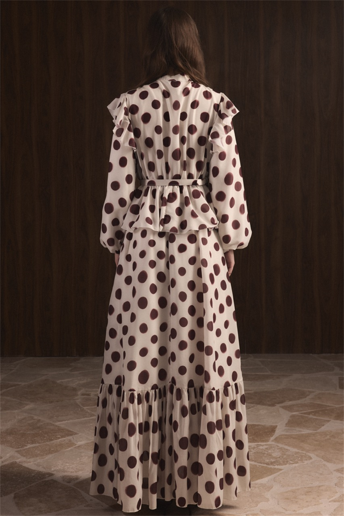 Puantiyeli Etek Fırfırlı Elbise - Bordo