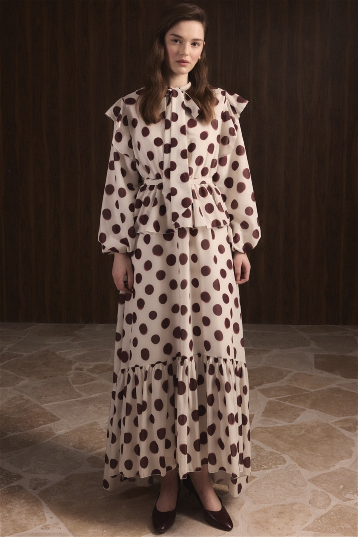 Puantiyeli Etek Fırfırlı Elbise - Bordo