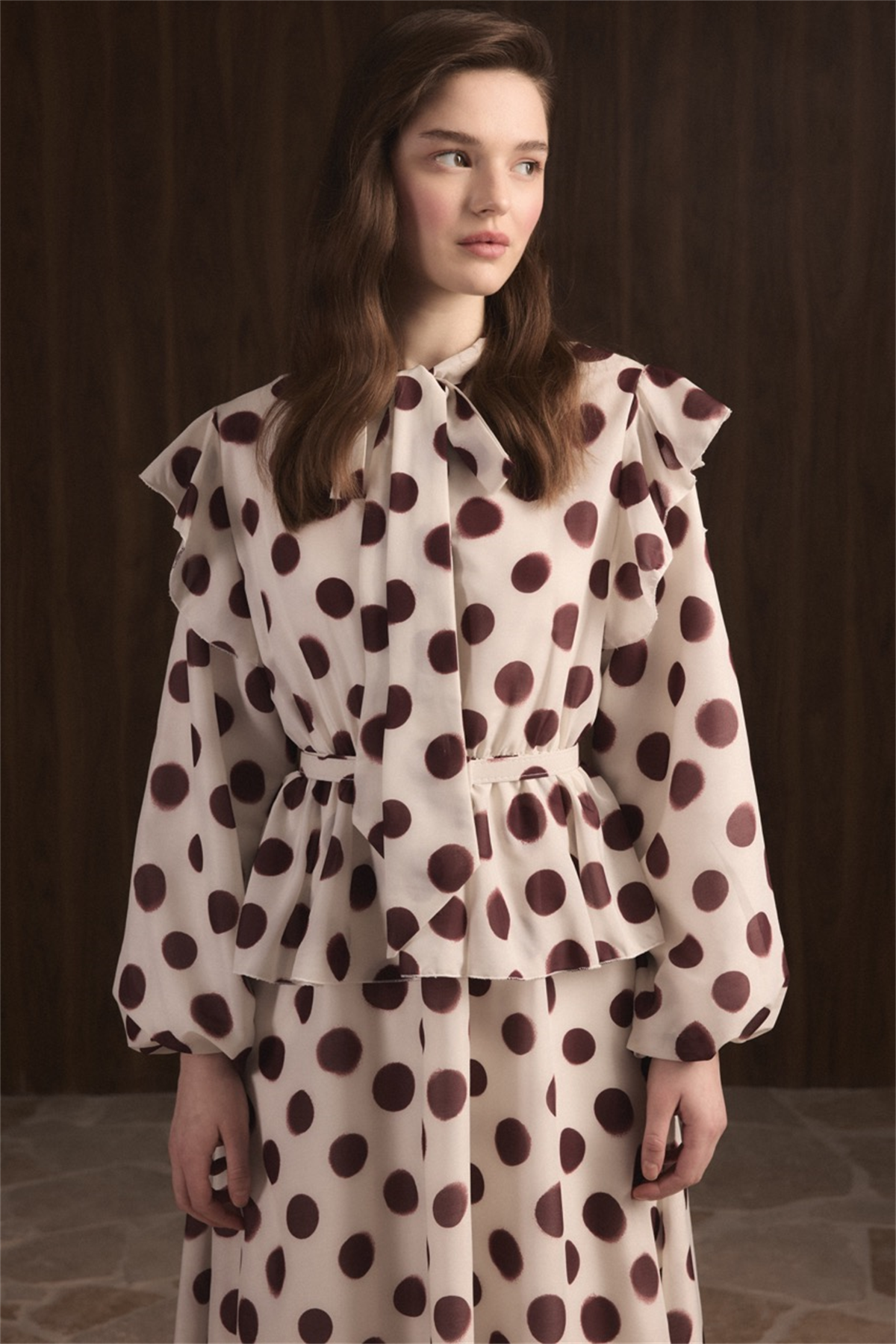 Puantiyeli Etek Fırfırlı Elbise - Bordo