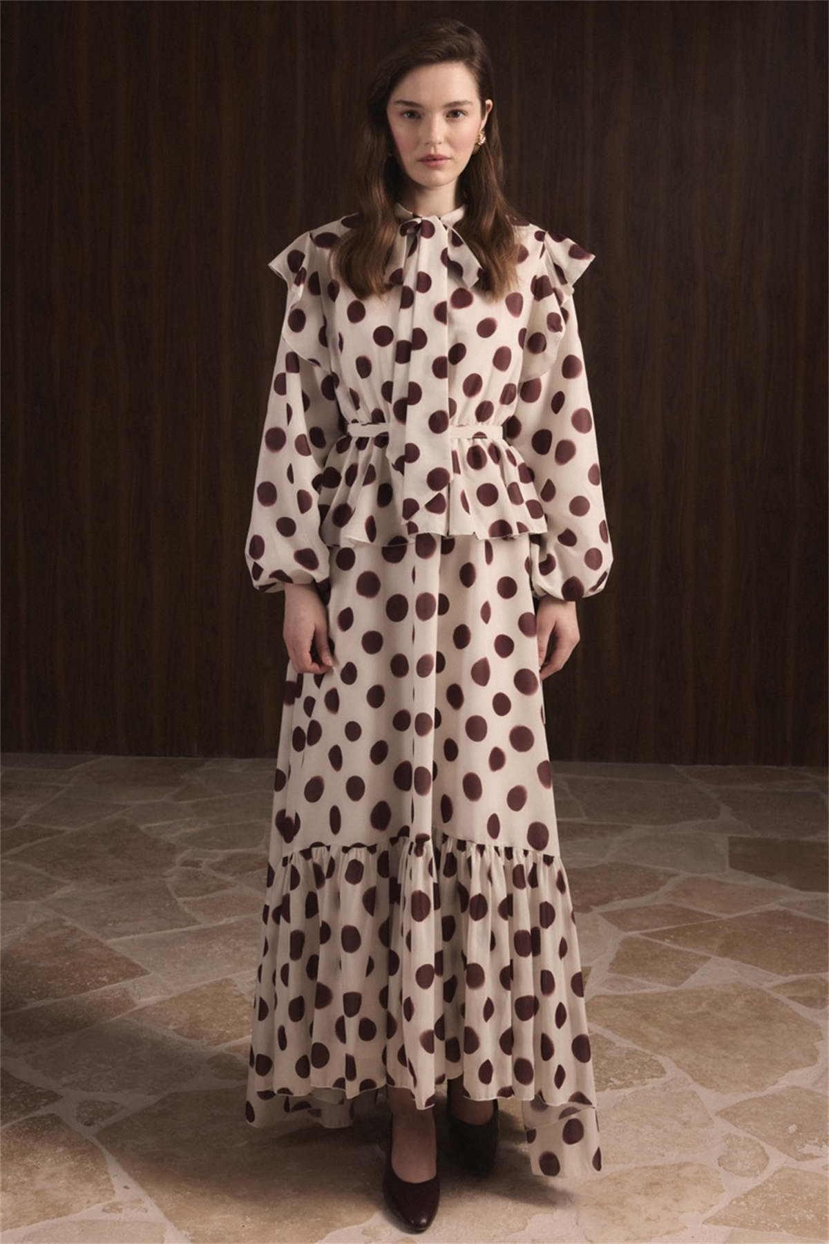 Puantiyeli Etek Fırfırlı Elbise - Bordo