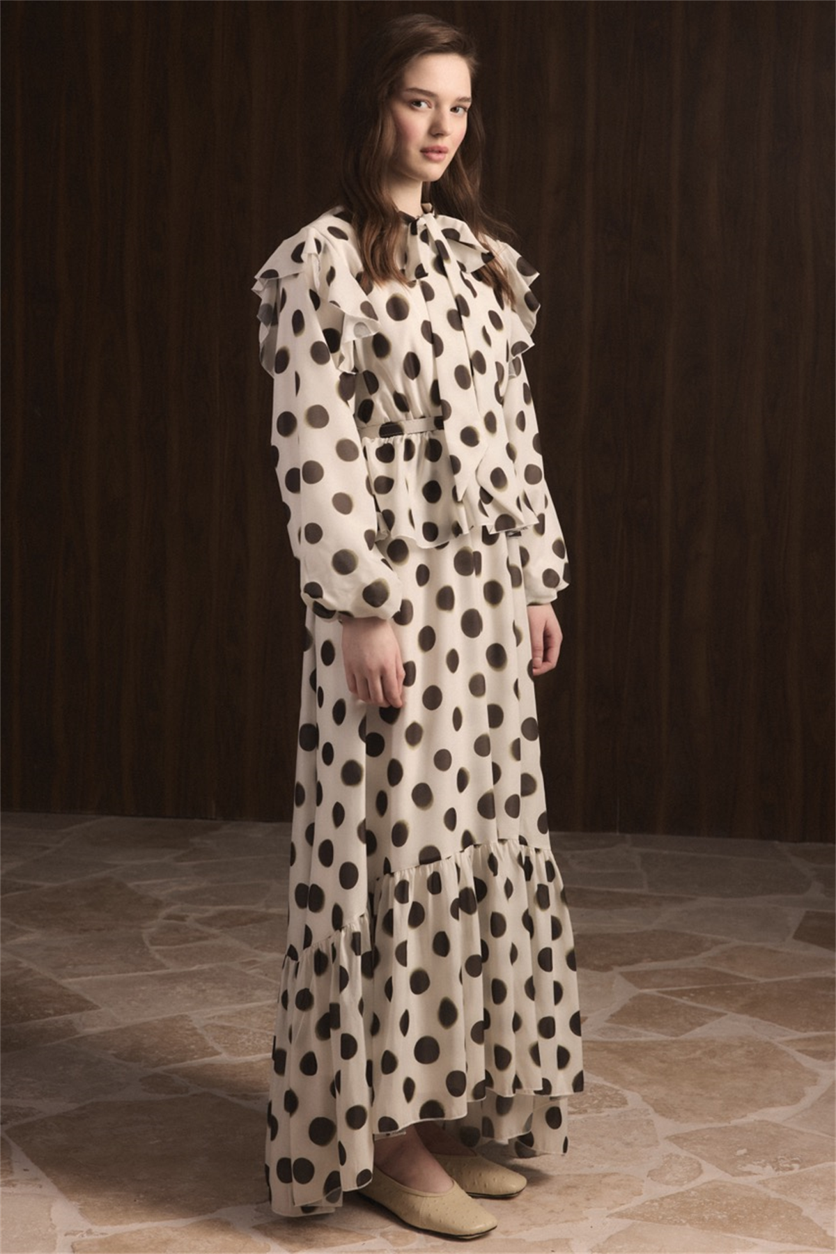 Puantiyeli Etek Fırfırlı Elbise - Haki