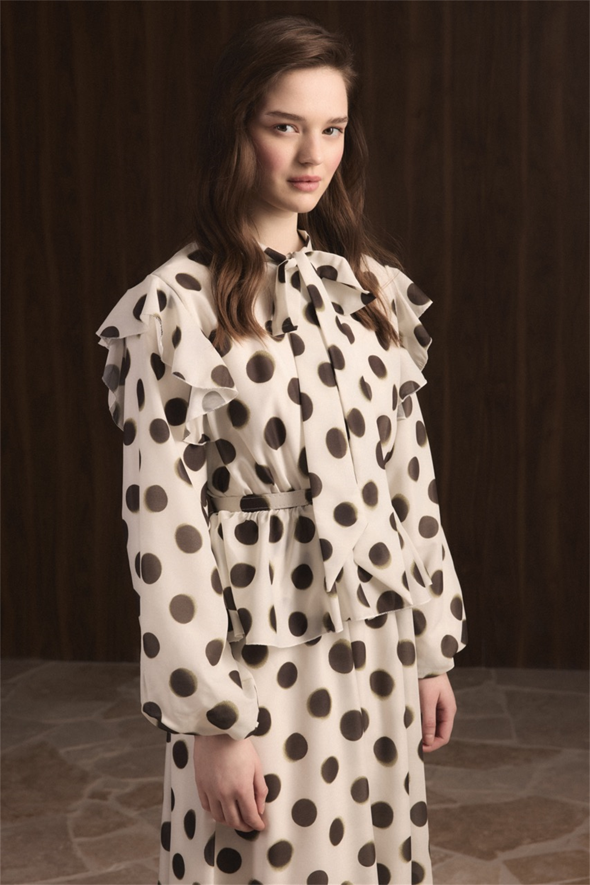 Puantiyeli Etek Fırfırlı Elbise - Haki