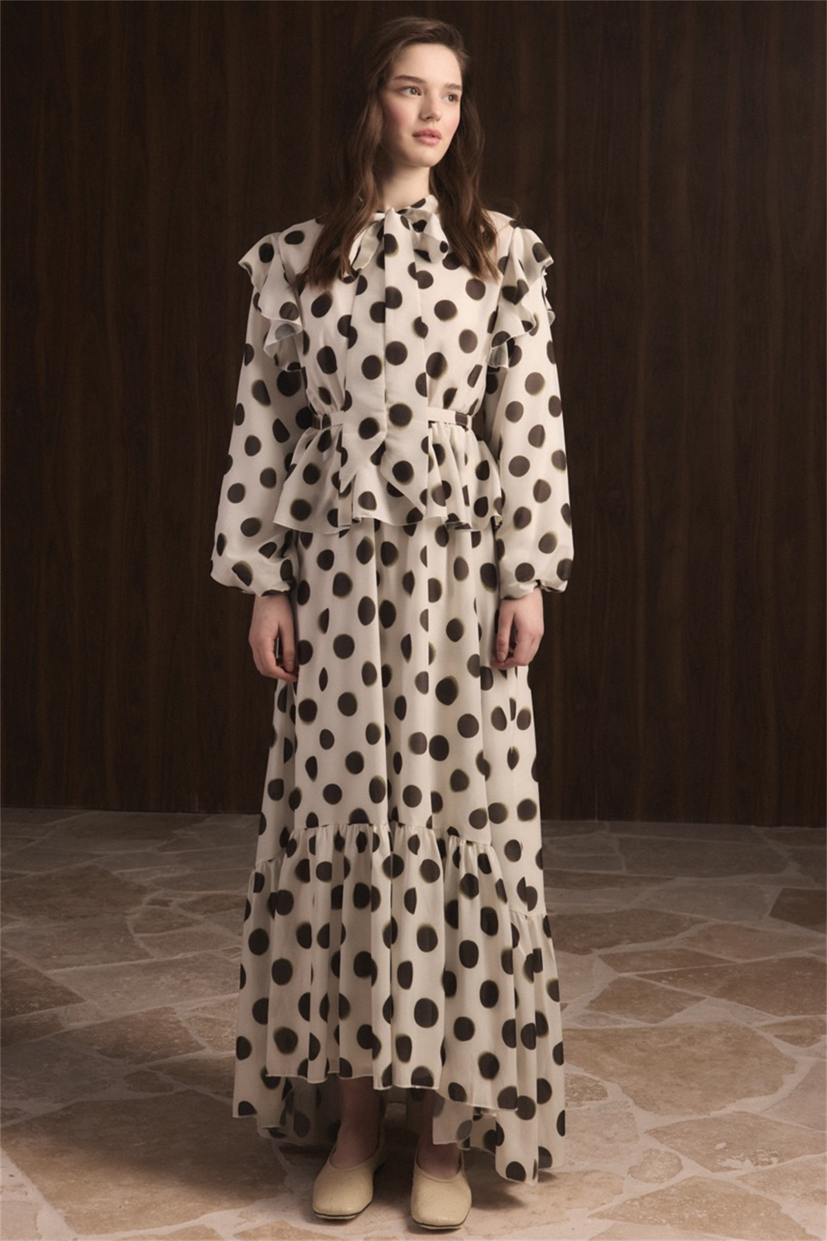 Puantiyeli Etek Fırfırlı Elbise - Haki