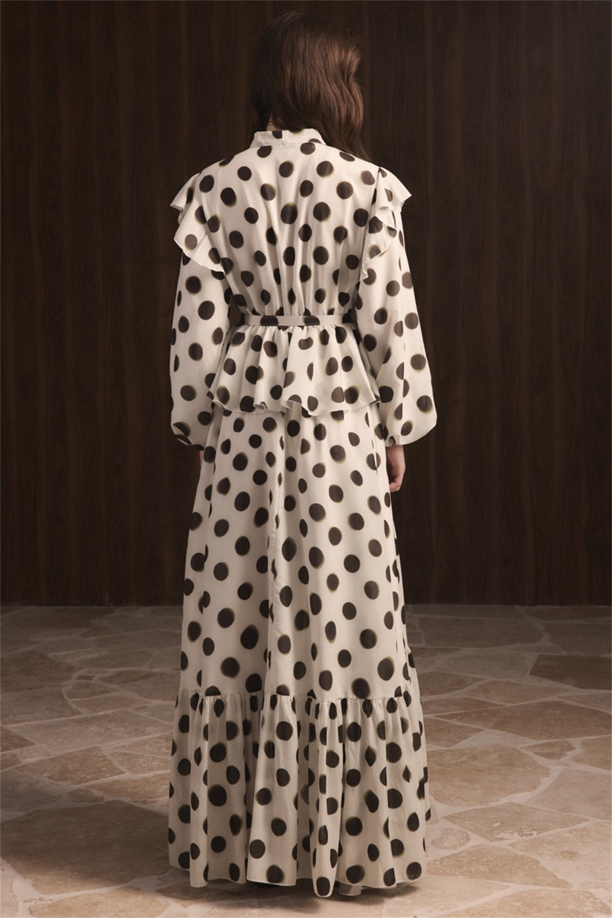 Puantiyeli Etek Fırfırlı Elbise - Haki