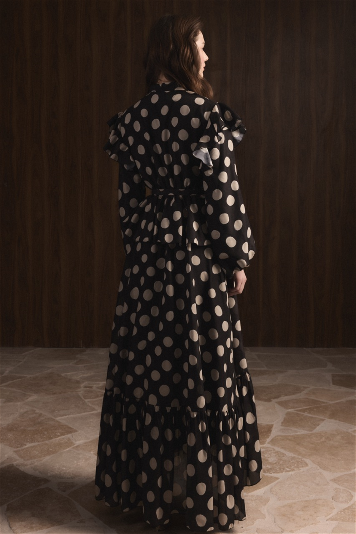 Puantiyeli Etek Fırfırlı Elbise - Siyah