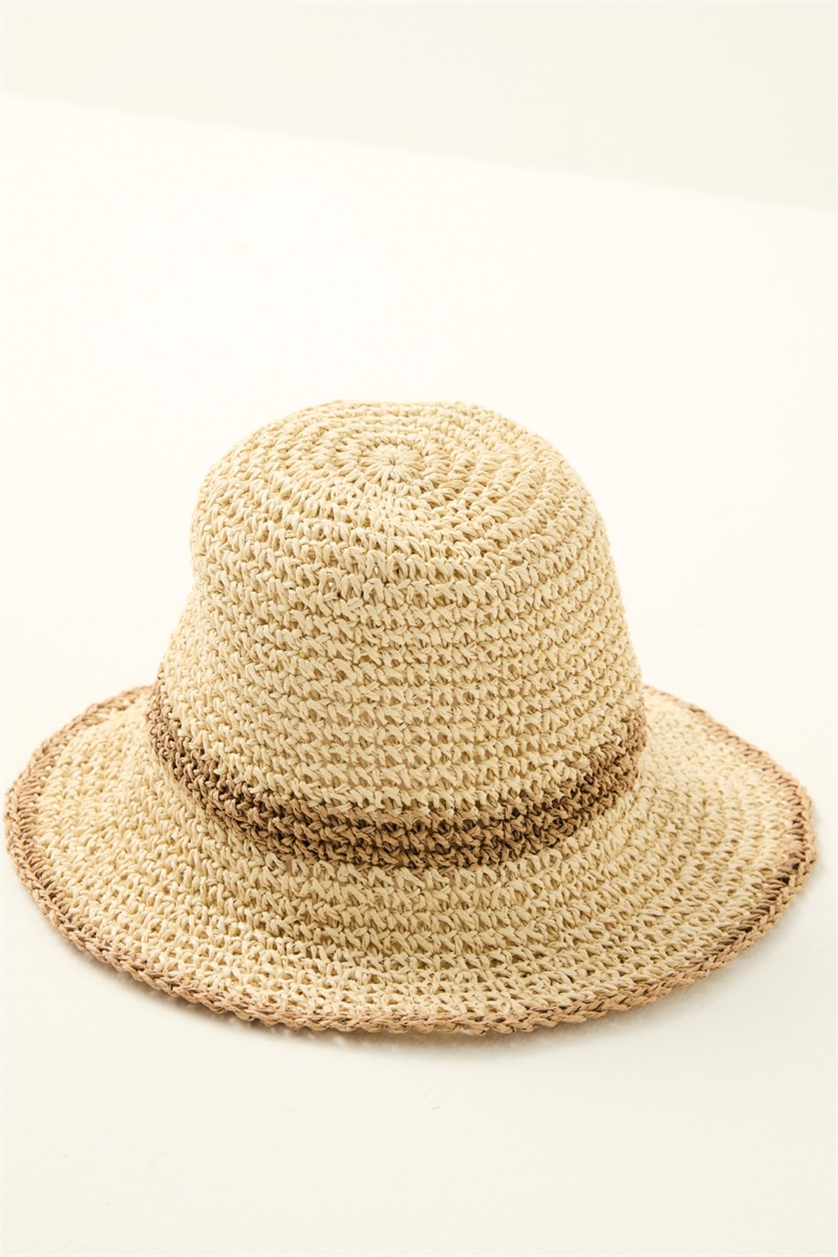 Renk Geçişli El Örgüsü Hasır Şapka - Bej