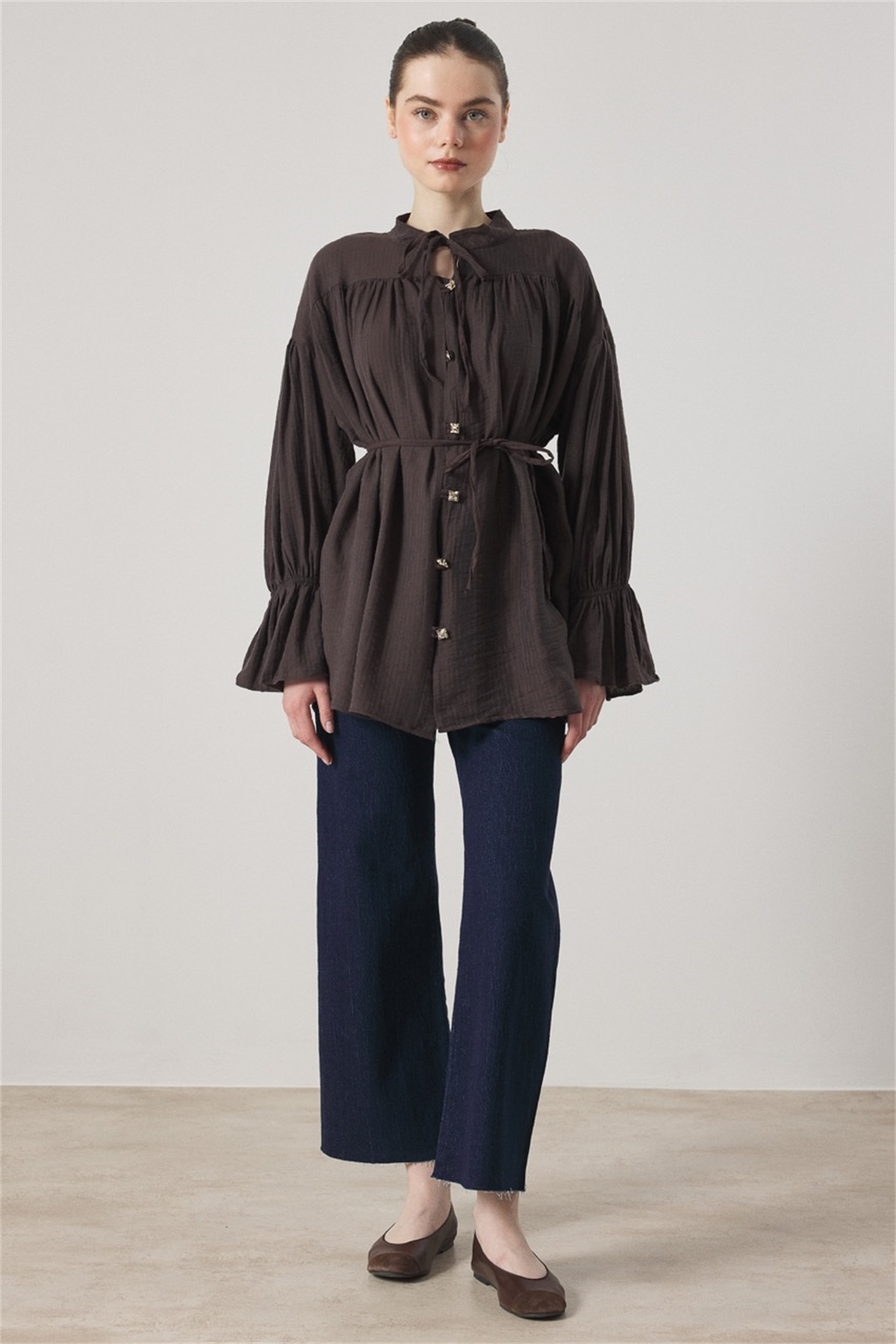 Robadan Büzgülü Bel Lastikli Gömlek - Kahve
