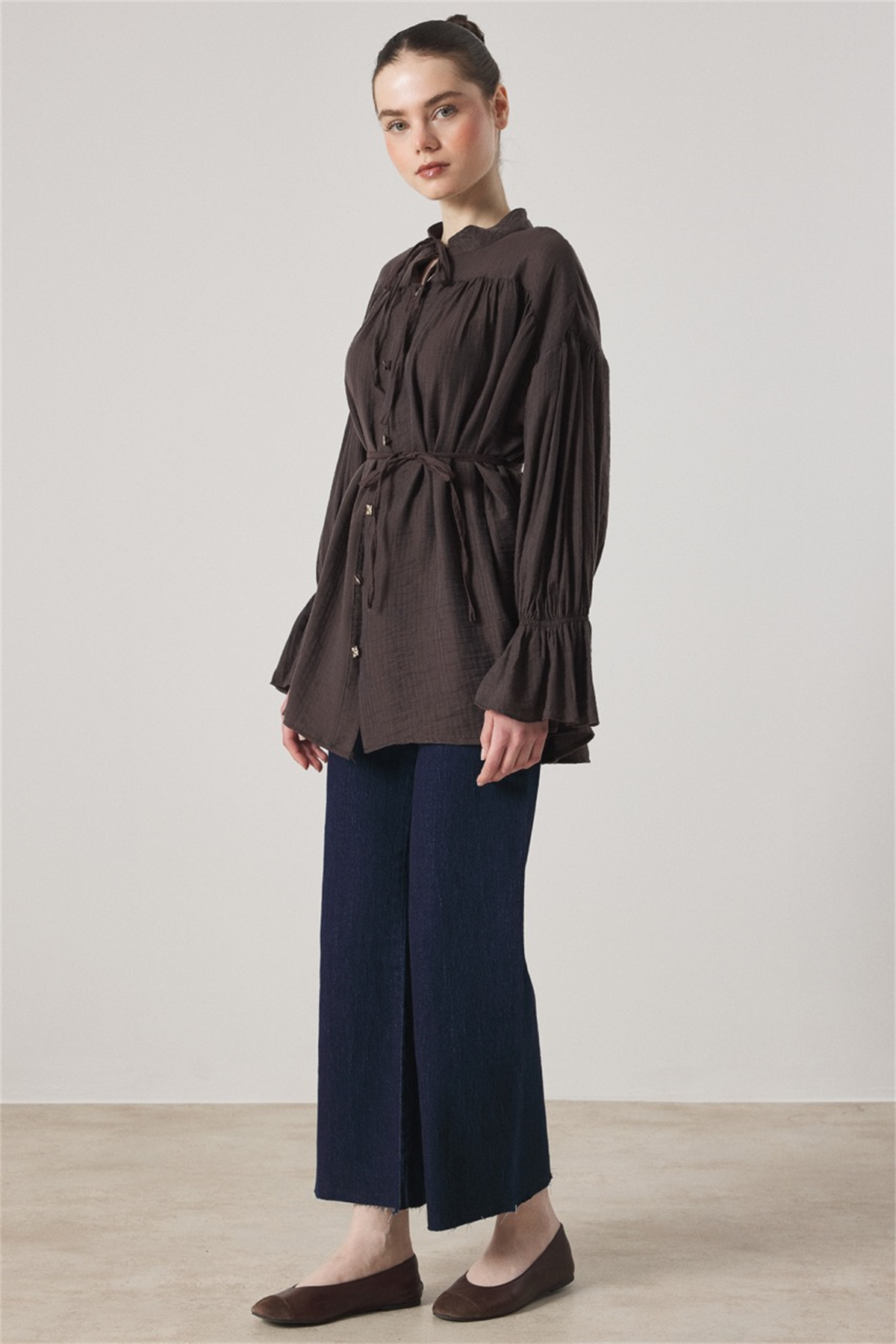 Robadan Büzgülü Bel Lastikli Gömlek - Kahve