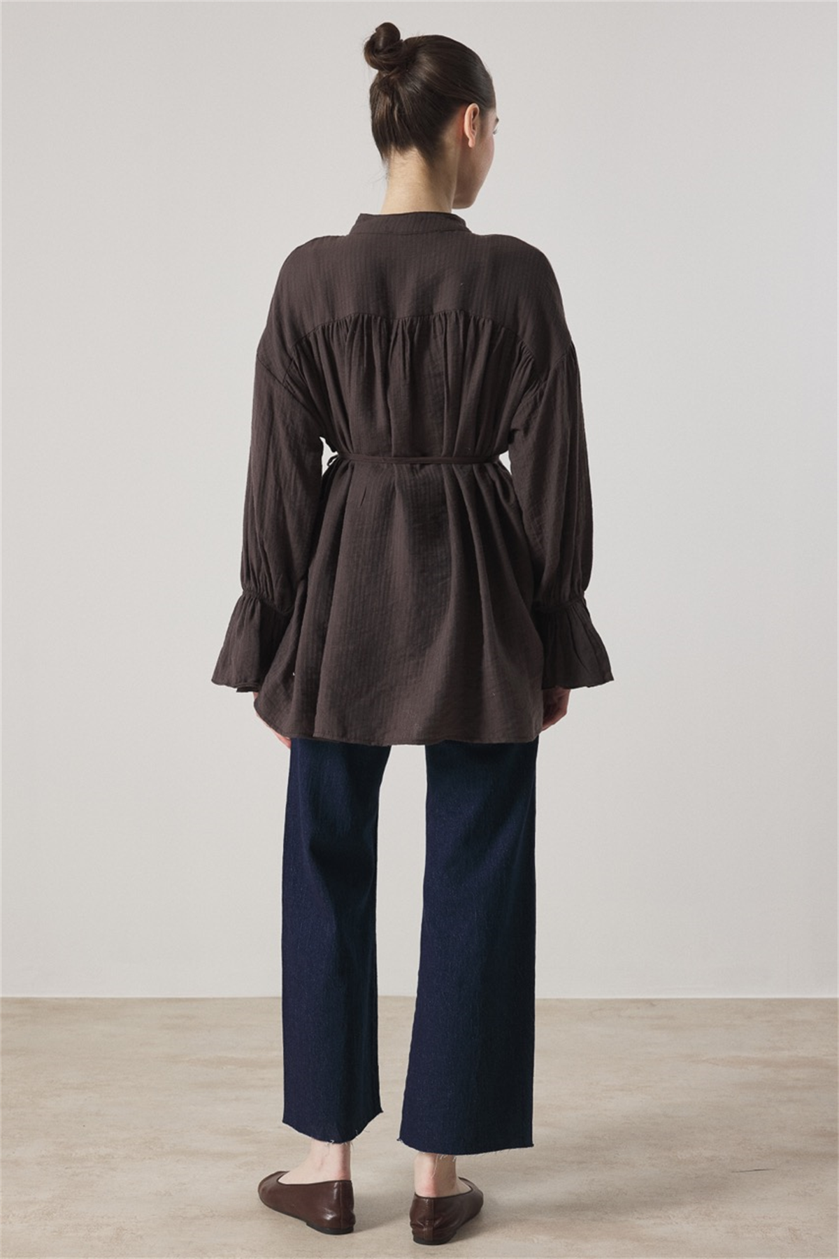 Robadan Büzgülü Bel Lastikli Gömlek - Kahve