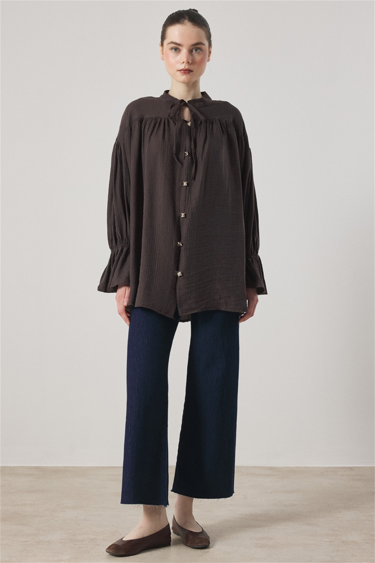 Robadan Büzgülü Bel Lastikli Gömlek - Kahve