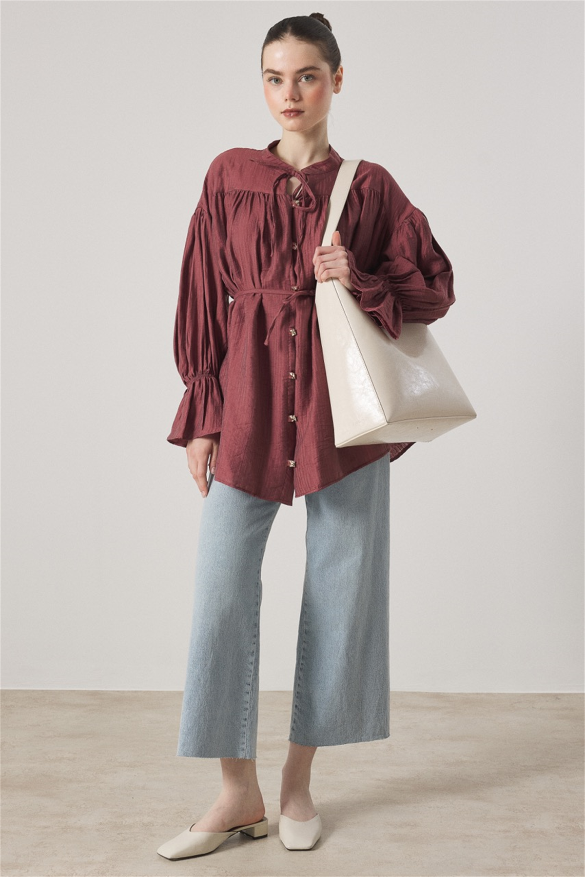 Robadan Büzgülü Bel Lastikli Gömlek - Kiremit